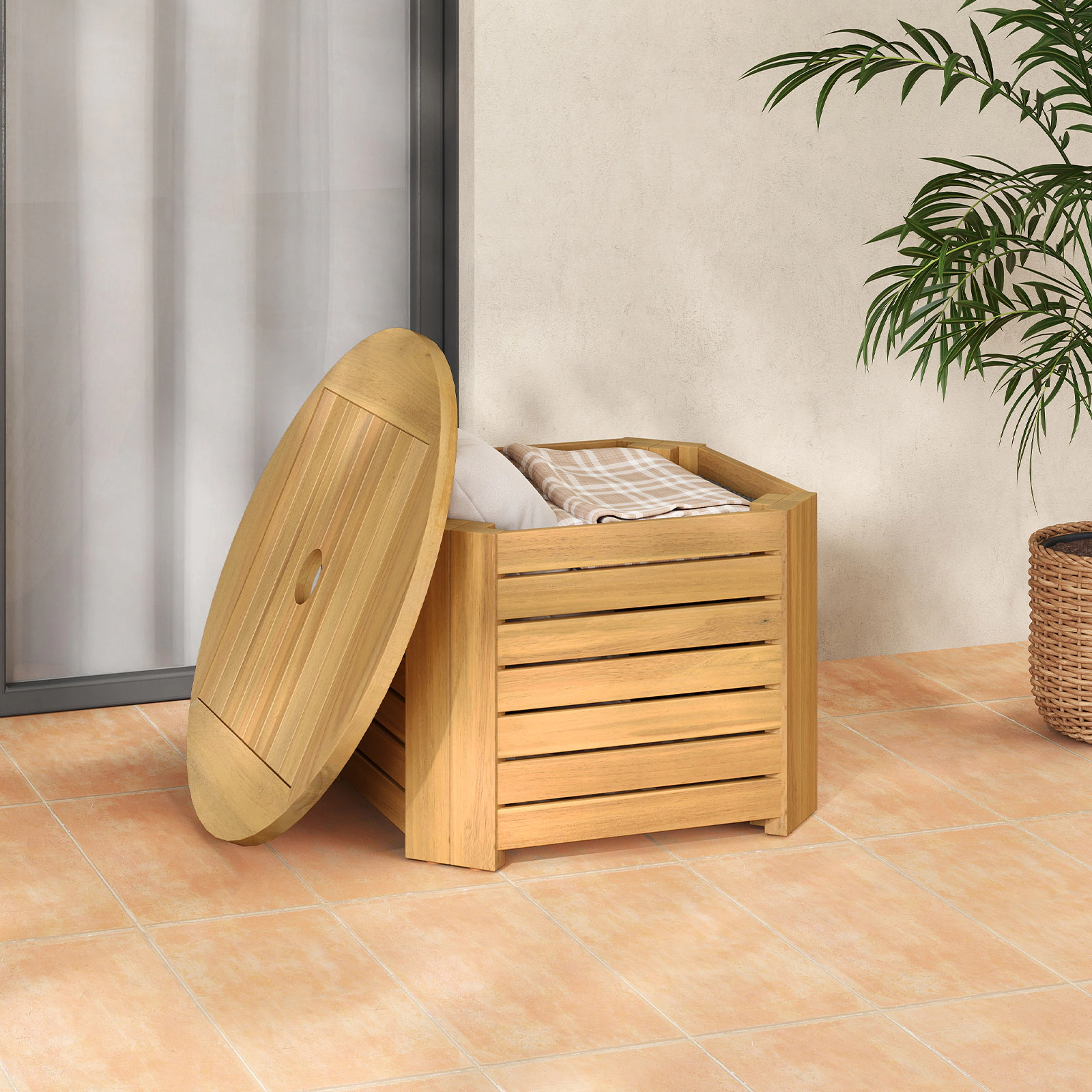 SUGIFT Acacia Wood Removable Top Umbrella Hole Storage Patio Side Table In Natural