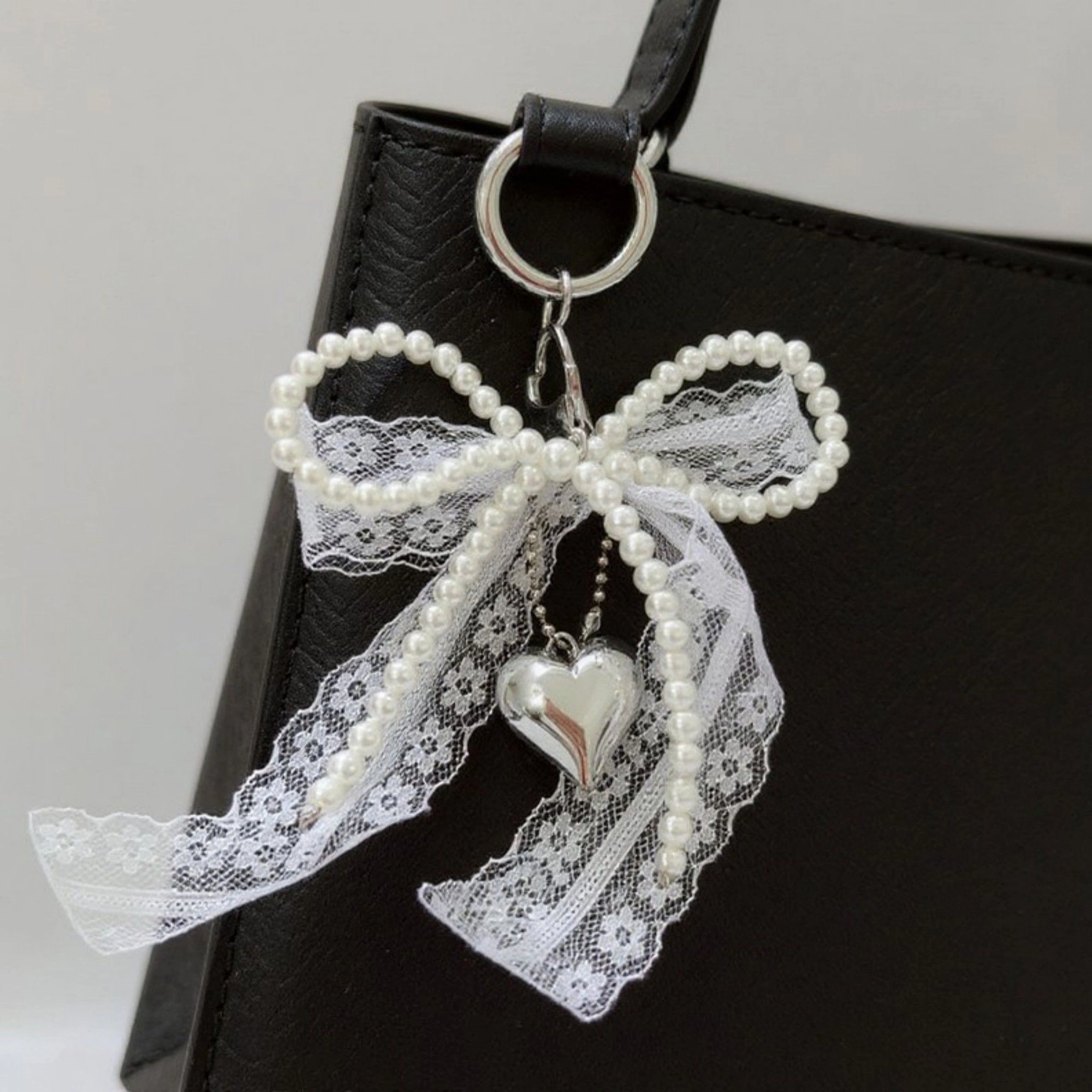 Alilang Women's Lace Bow Charm Keychain with Pearl Trim and Silver Heart Pendant