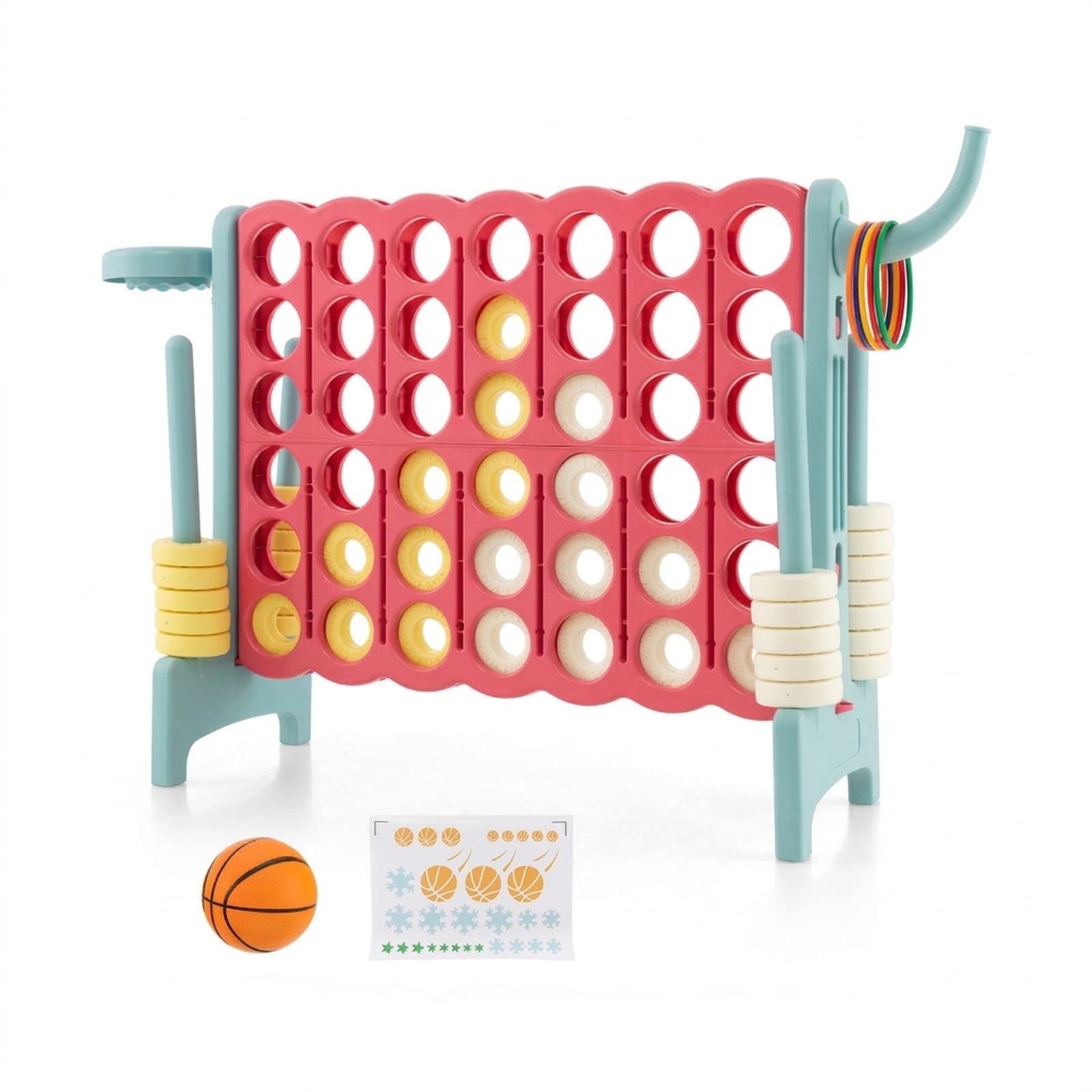 SUGIFT 47-in 4-in-a-Row Connect Game with Basketball Hoop 5 Toss Rings 42 Rings and Tool-Free Setup