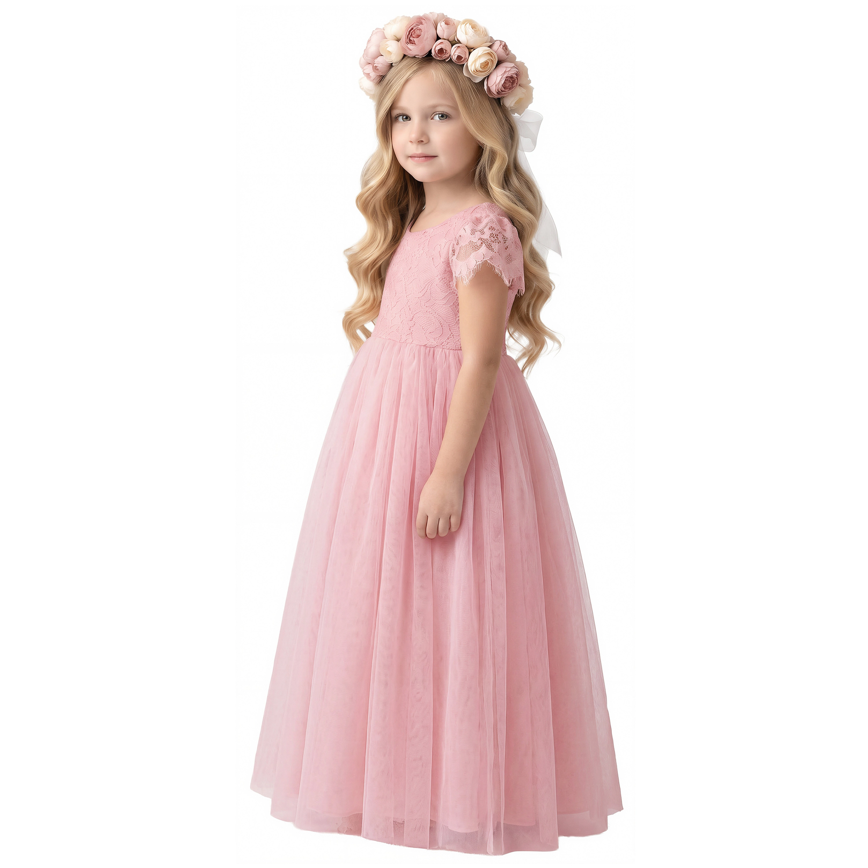 2Bunnies Girls' 12M-12Y Paisley Lace Tulle Short Sleeve Maxi Flower Girl Dress
