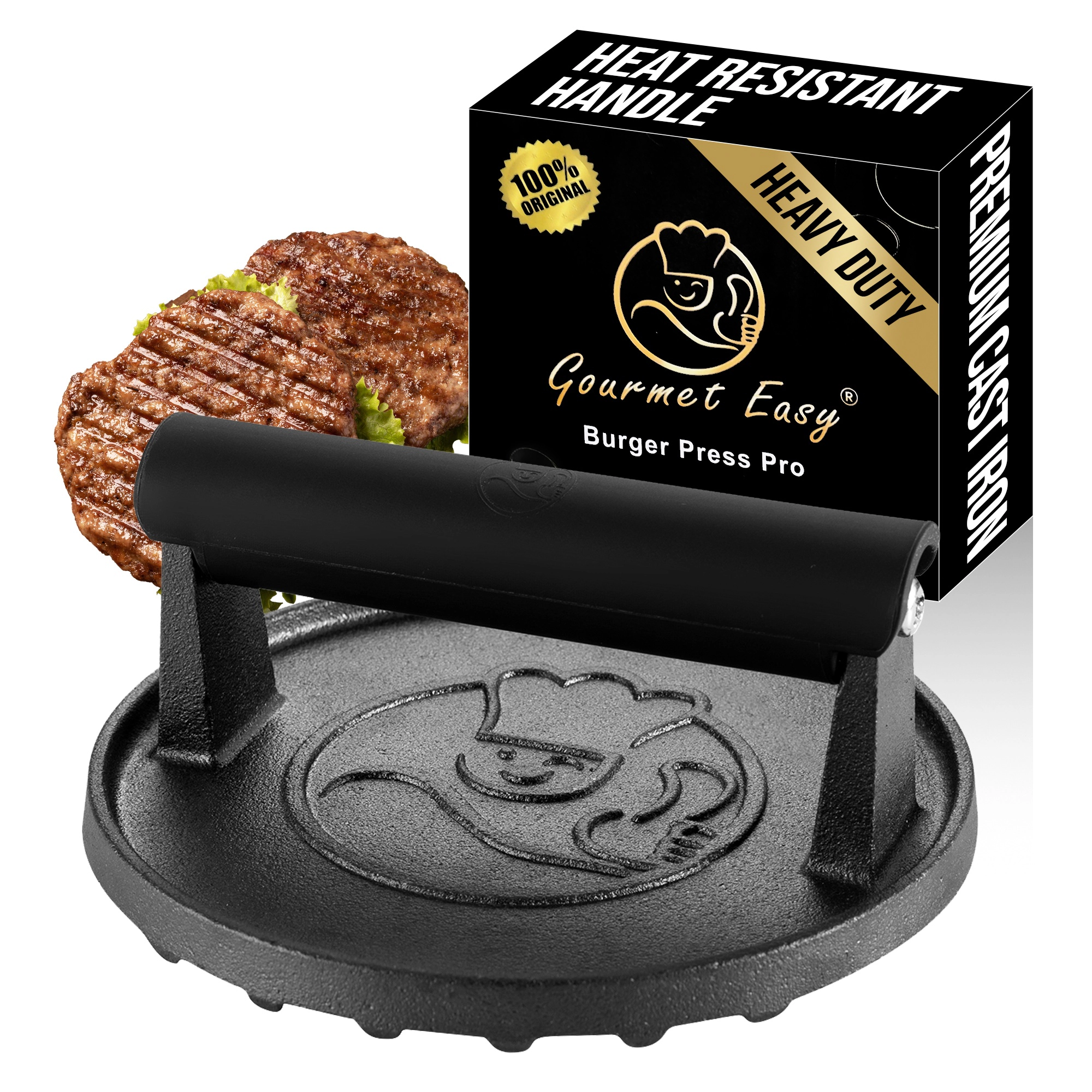 Gourmet Easy Smash Burger Press with Heat Resistant Handle, 2LBS Cast Iron Burger Smasher