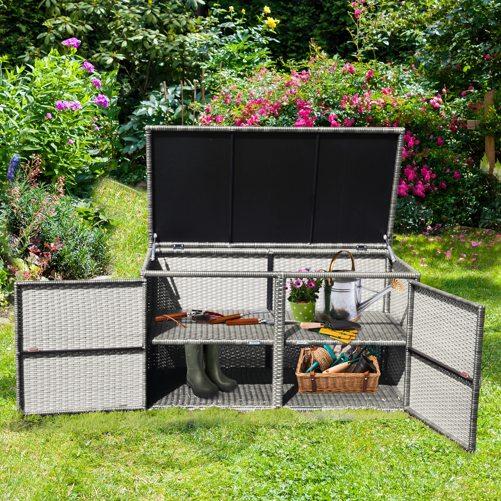 SUGIFT 88-Gallon Weather-Resistant PE Rattan 2-Shelf Garden Storage Box 45-in x 23.5-in x 25.5-in 110-lb Shelf Gray