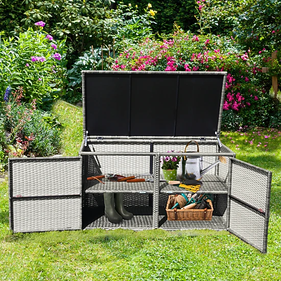 SUGIFT 88-Gallon Weather-Resistant PE Rattan 2-Shelf Garden Storage Box 45-in x 23.5-in x 25.5-in 110-lb Shelf Gray