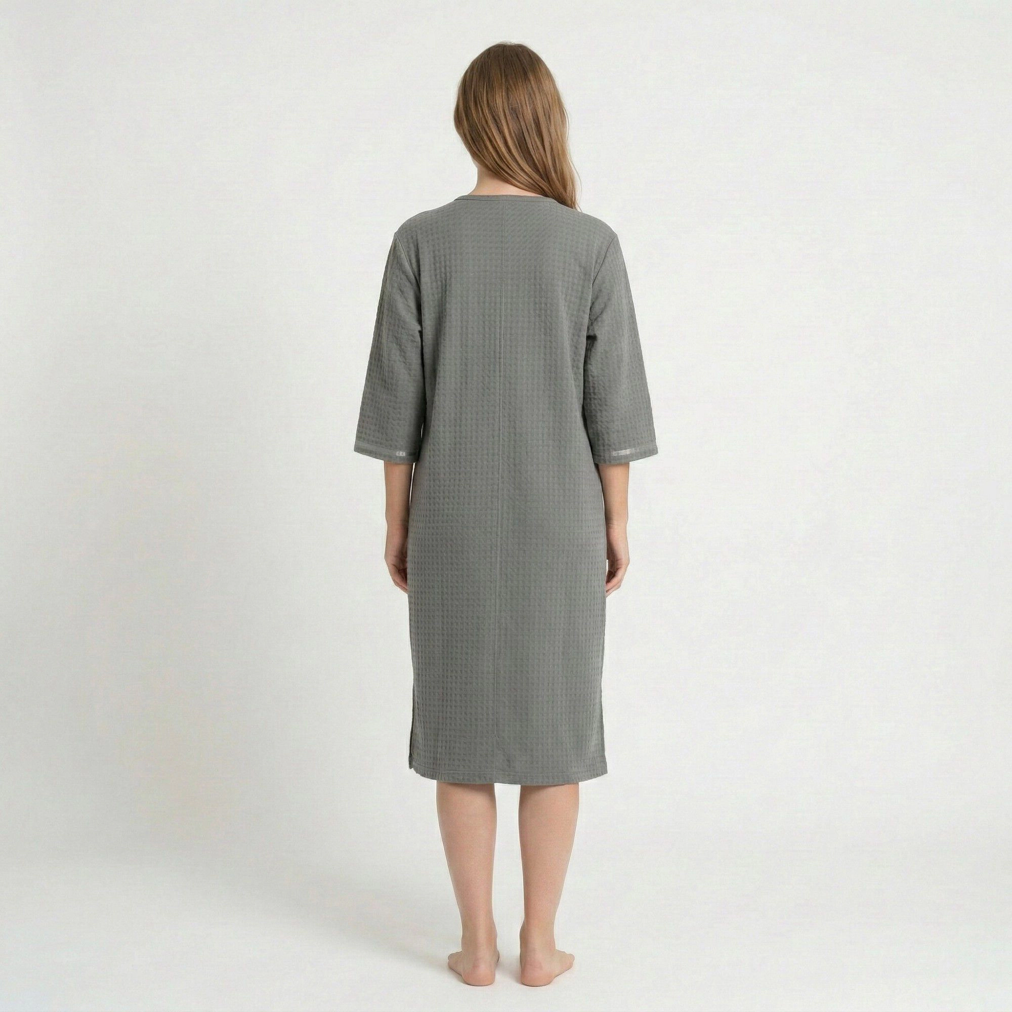 Anna-Kaci Women's Textured Knit Zip Front Nightgown V Neckline Three Quarter Sleeves Relaxed Fit Sleep Dress Pockets