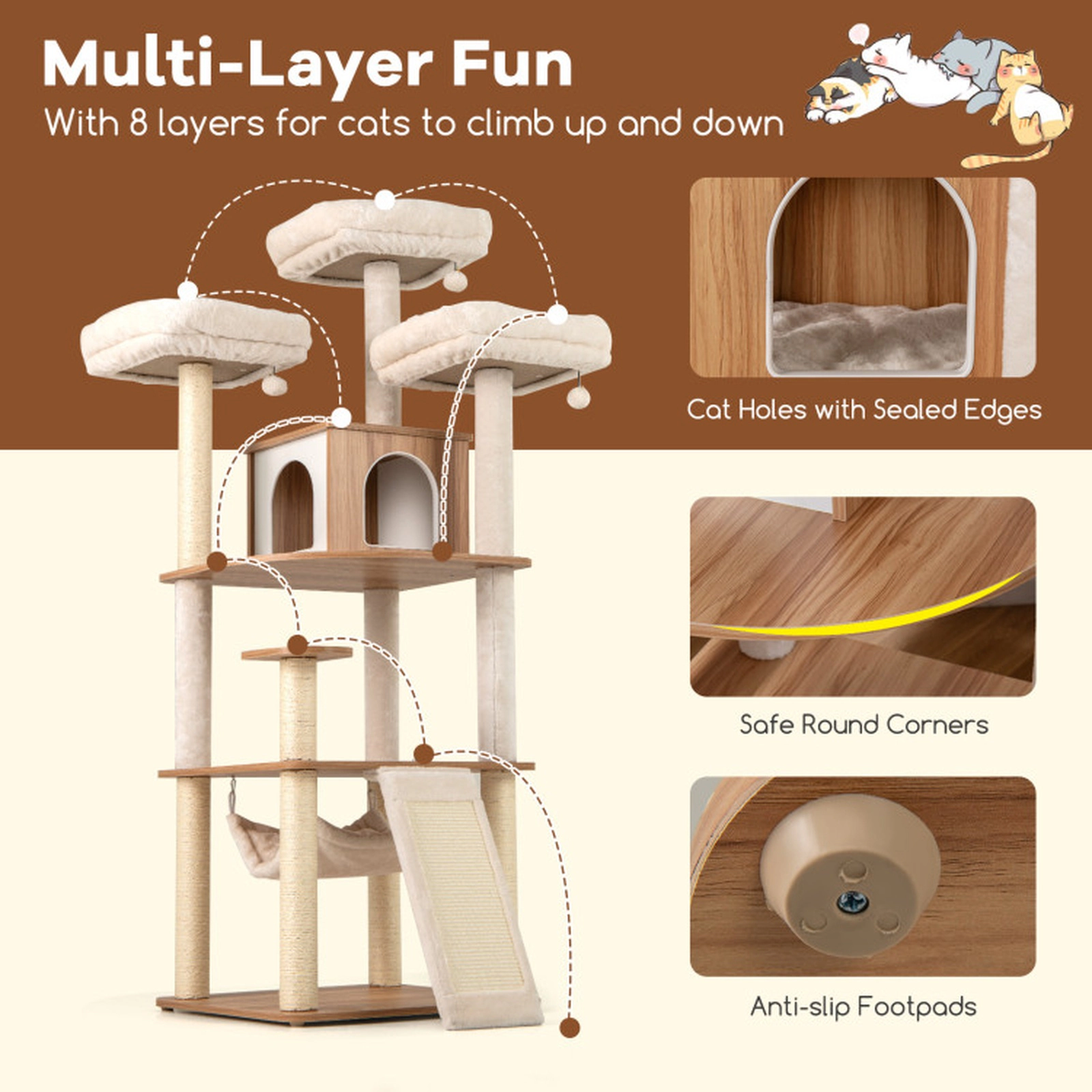 SUGIFT Cat Tree 3 Padded Perches Condo Hammock Ladder & Sisal Scratching Posts 33-lb Capacity per Layer Natural+White