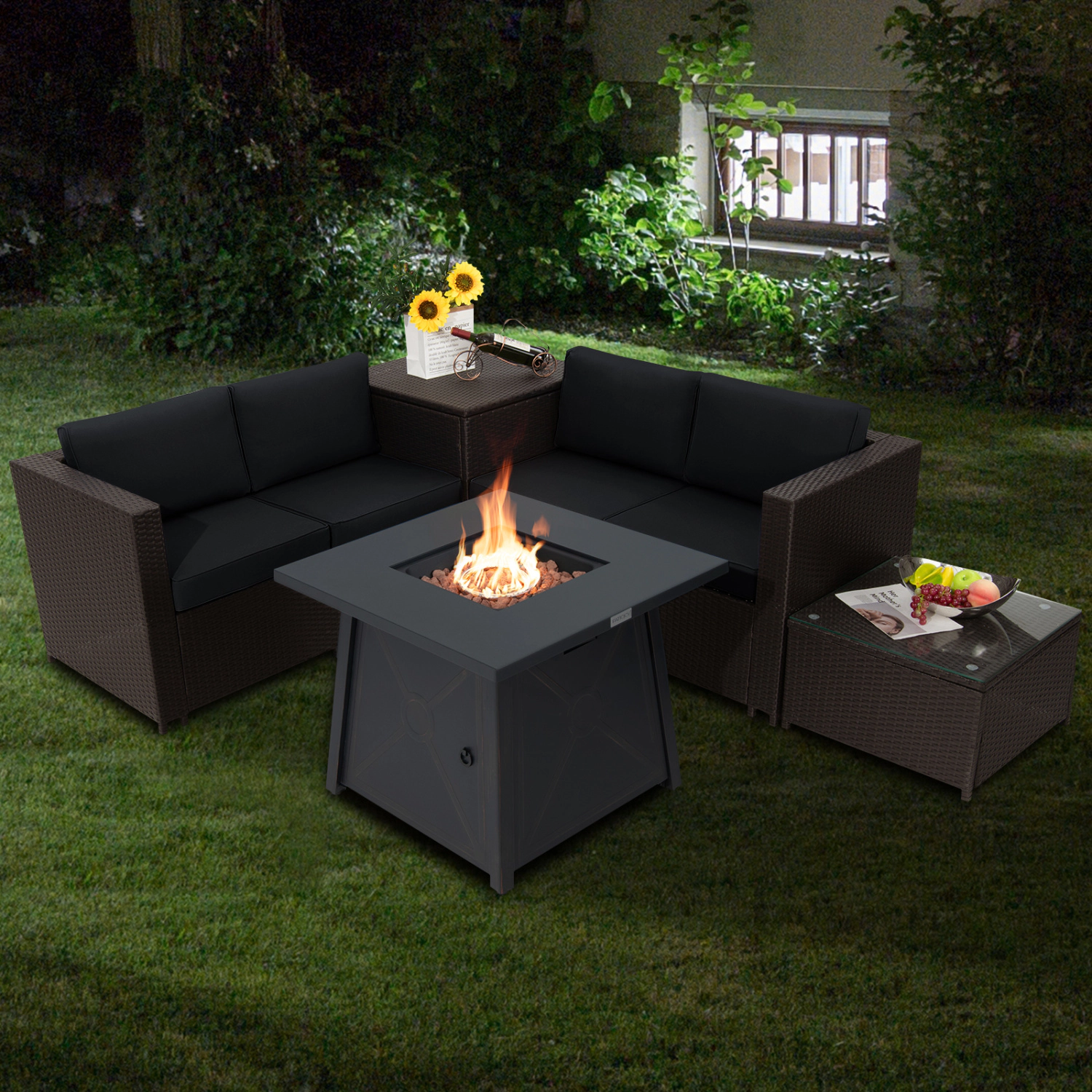 LJG 5 Piece Patio Furniture Set with 50000 BTU Propane Fire Pit Table