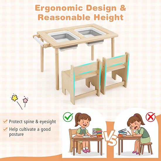 SUGIFT Kids Sensory Activity Table and 2-Chair Set, Adjustable Height, Natural Wood