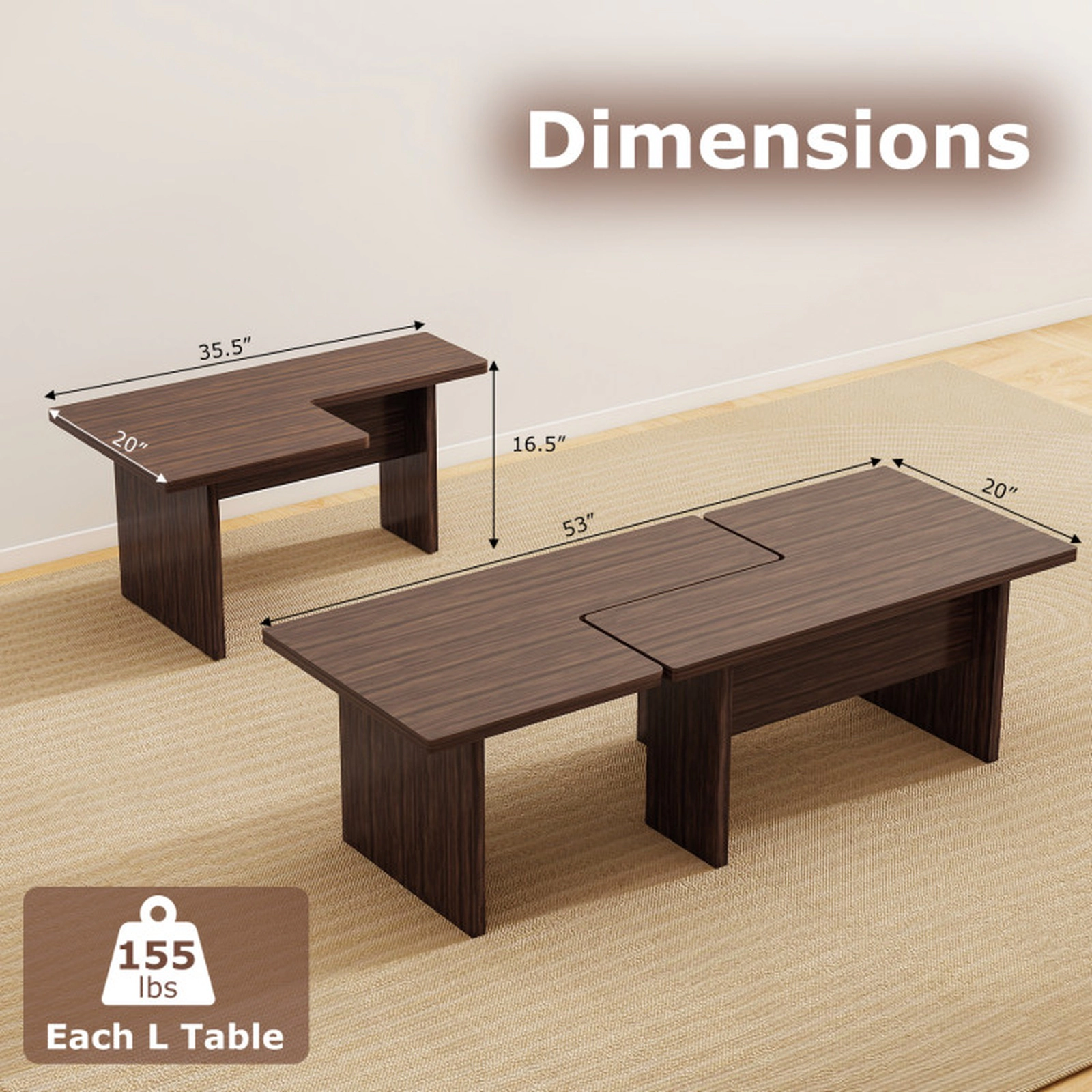 SUGIFT Set of 2 Modular L-Shaped Coffee Tables, Walnut, 35.5 in