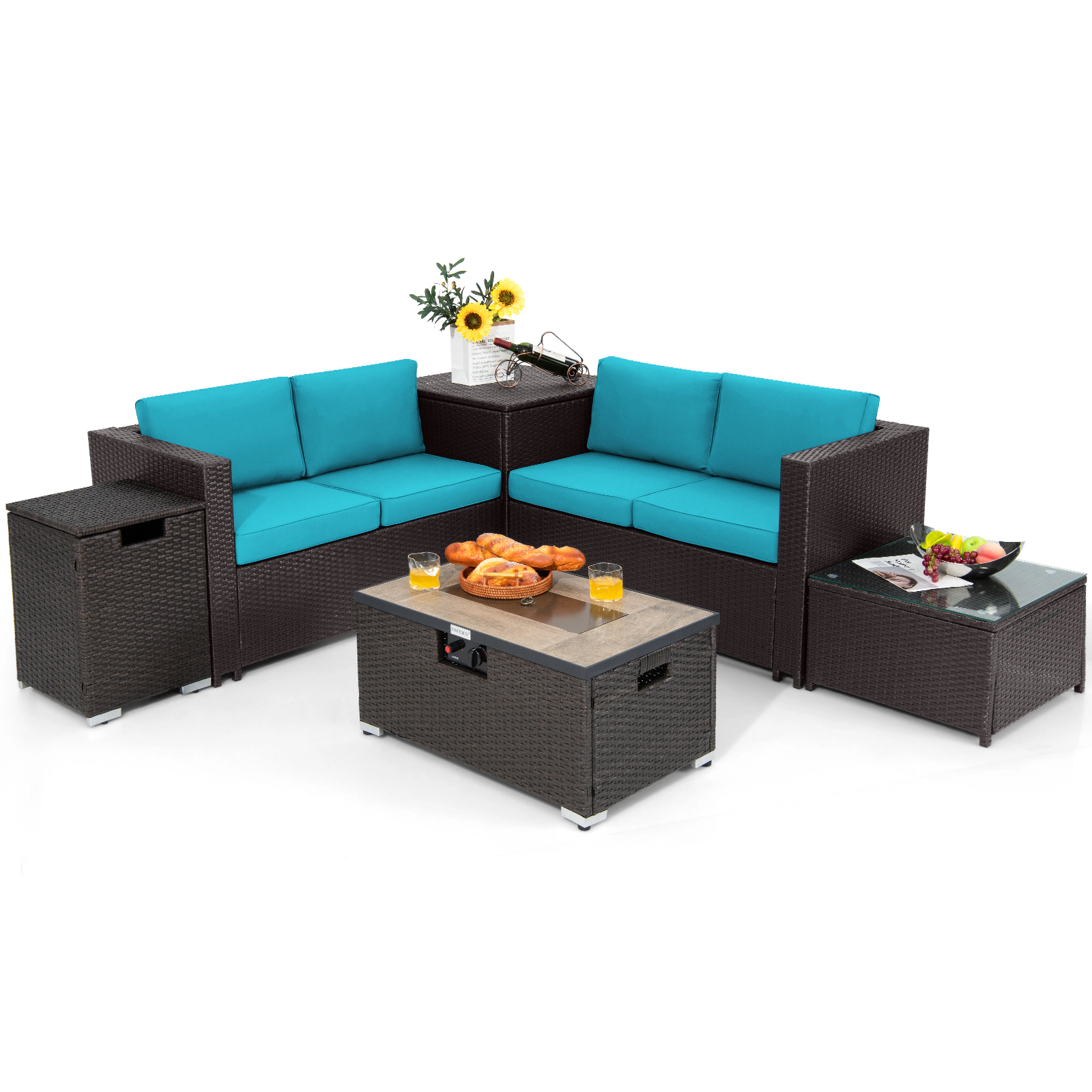 SUGIFT 6-Piece Turquoise Wicker Patio Set with 32-Inch Propane Fire Pit Table