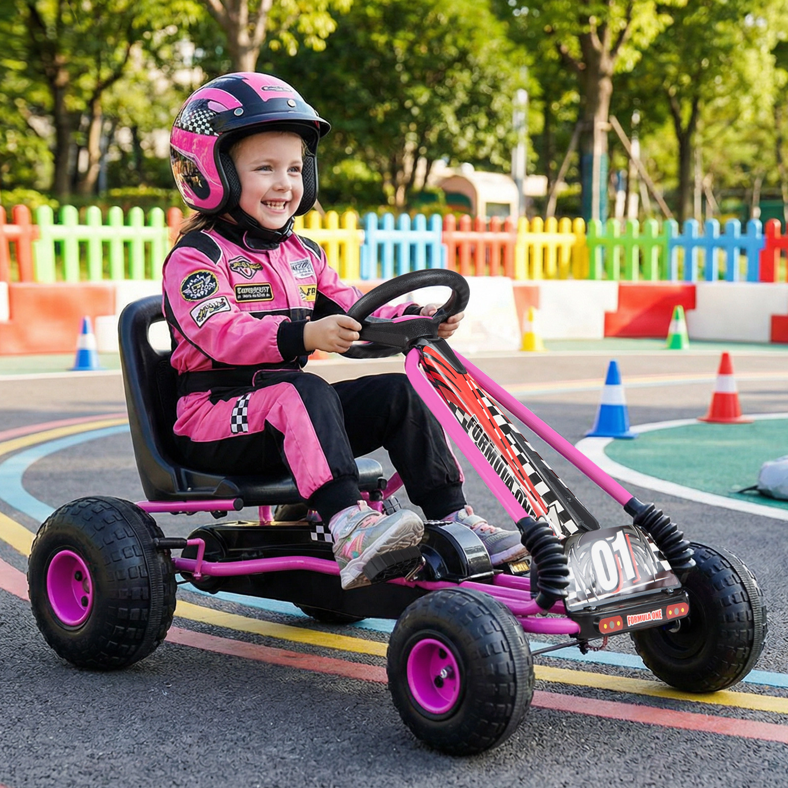 Kids 4-Wheel Pedal Powered Ride On 2-Position Adjustable Seat Handbrake Multi-Terrain Wheels Ages 3-8 Pink Pedal Go Cart