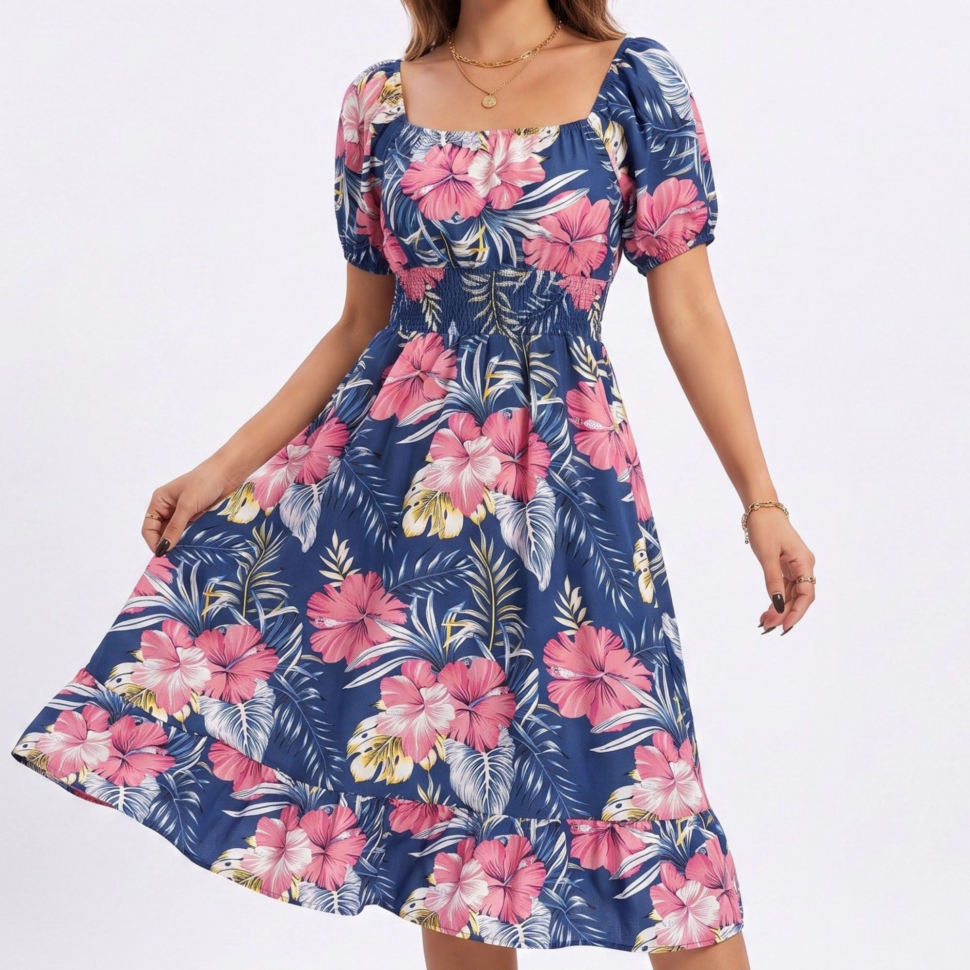 Anna-Kaci Women's Tropical Floral Square Neck Smocked Waist Midi Dress
