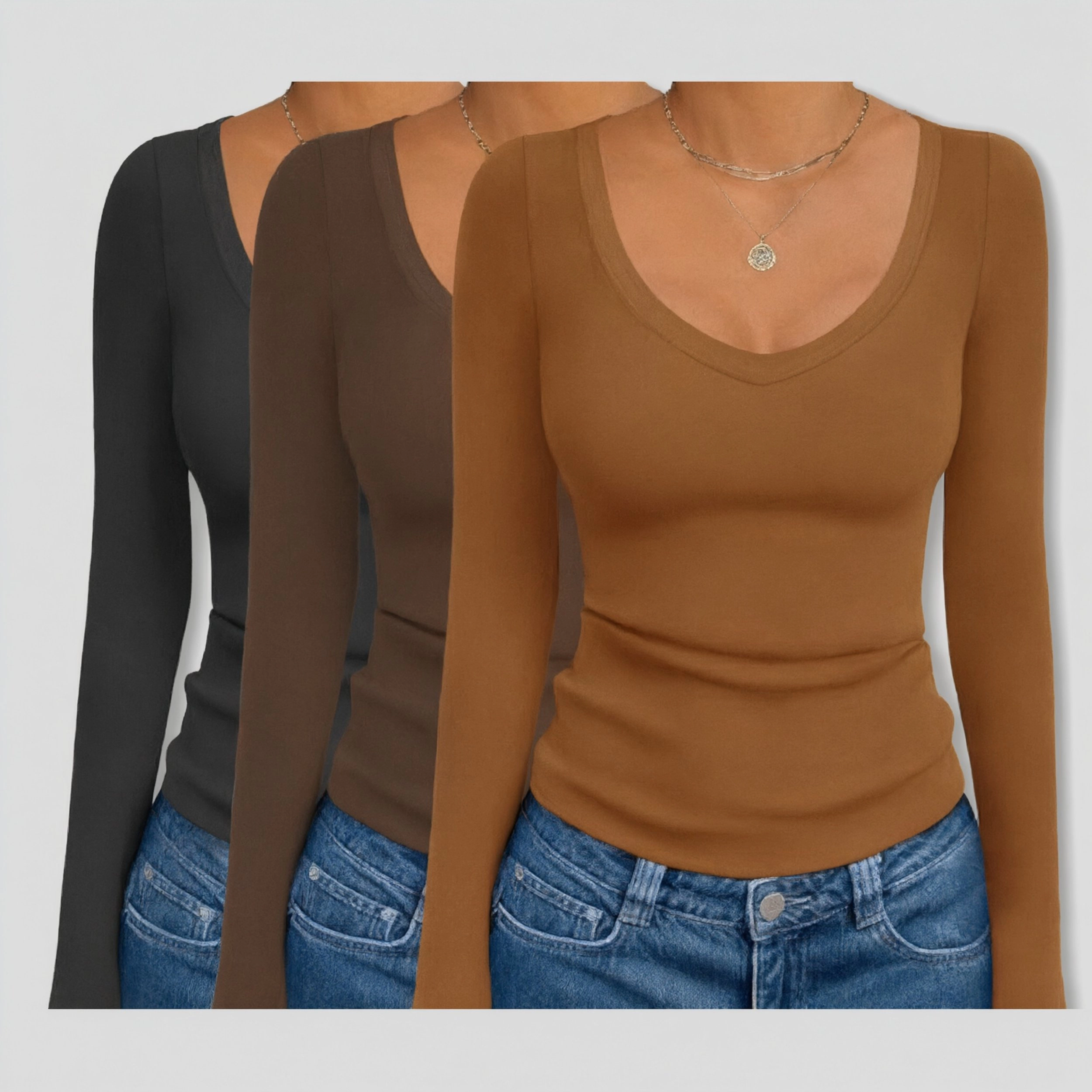 Ekouaer Women's V Neck Long Sleeve Slim Fit Solid T-Shirt Tops
