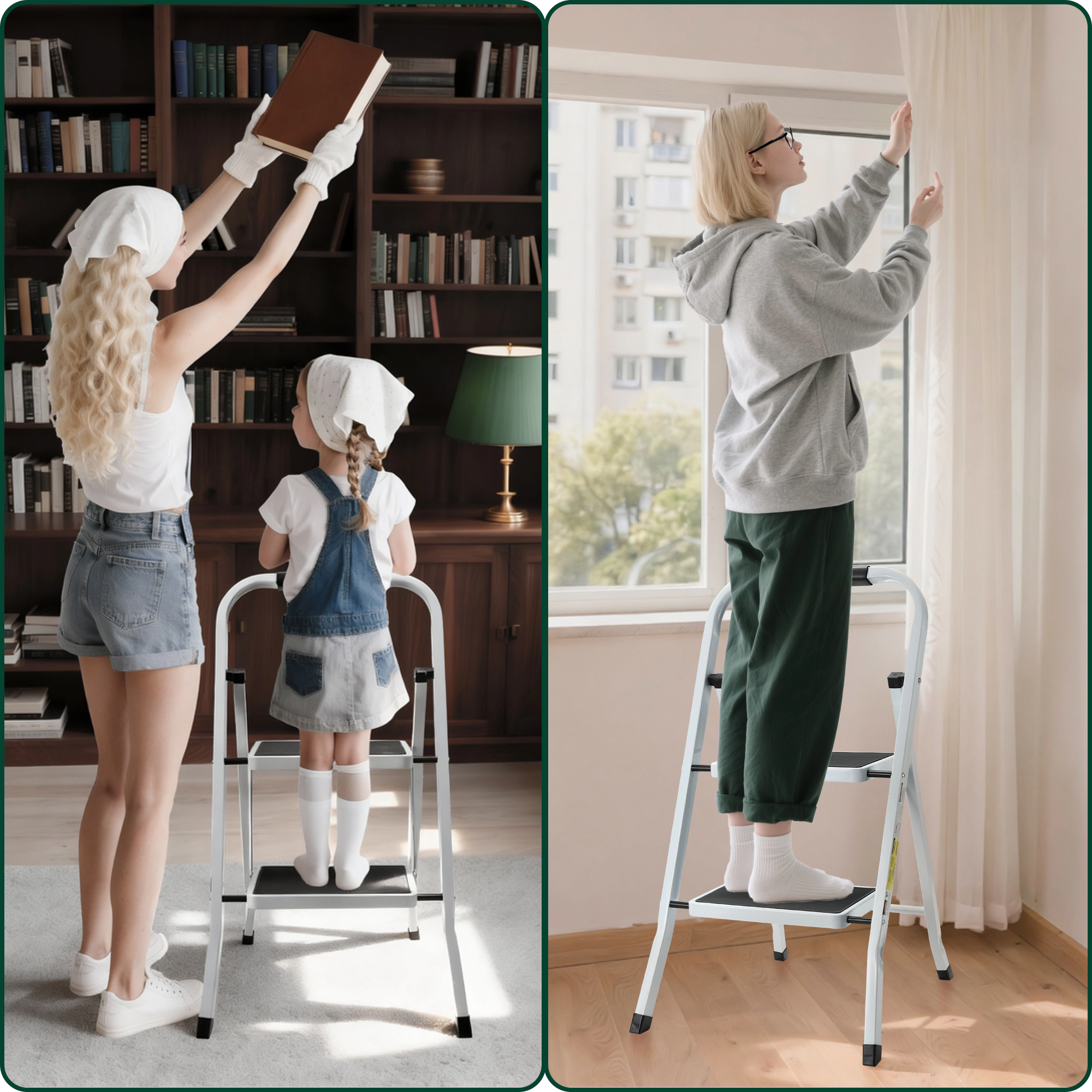 Flynama Step Ladder- 330lb Capacity Steel Foldable Step Stool (White