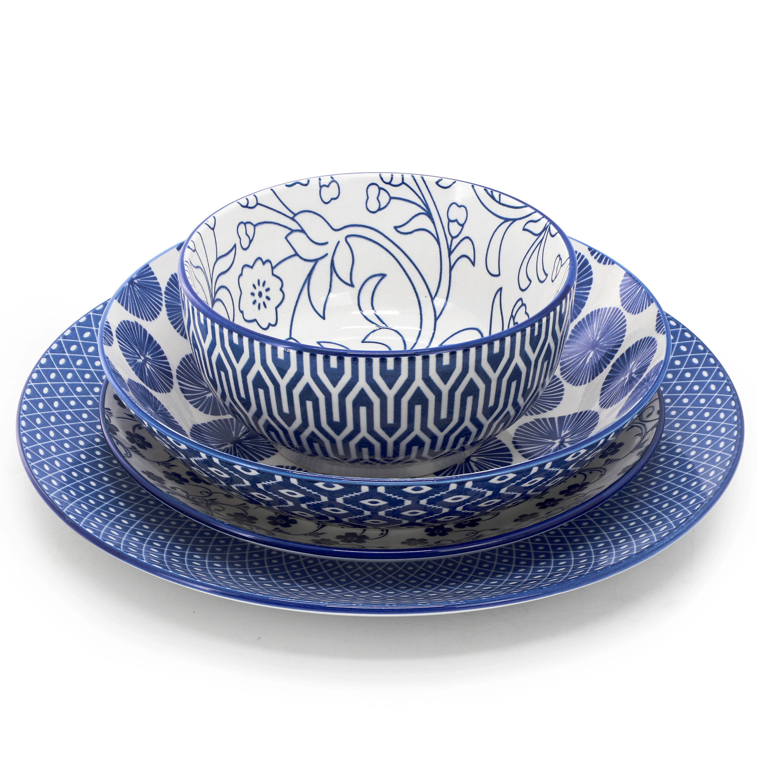 Elama Aurora 16 Piece Assorted Porcelain Double Bowl Dinnerware Set in Blue
