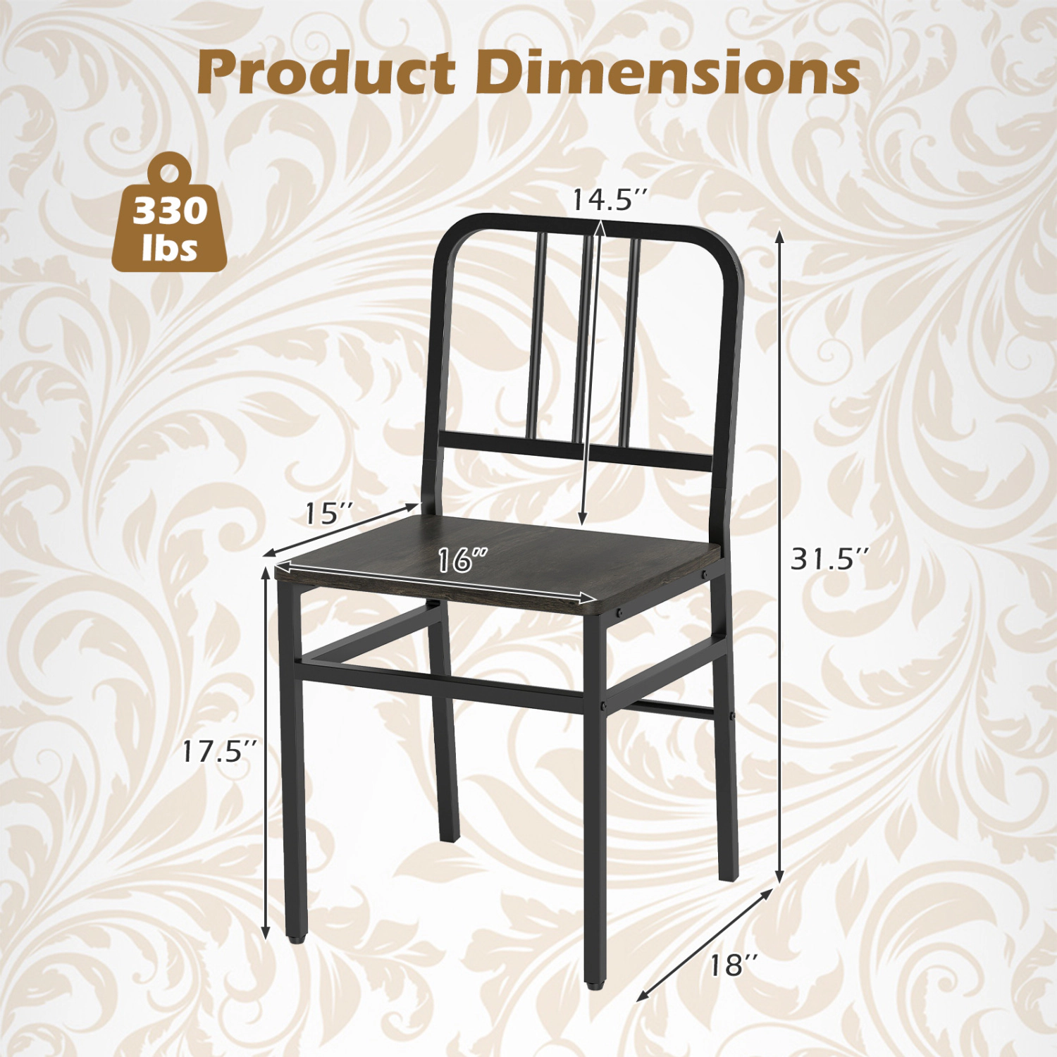 LJG Dining Chairs Set of 4 with Slatted Backrest & Metal Frame and Wooden Seat
