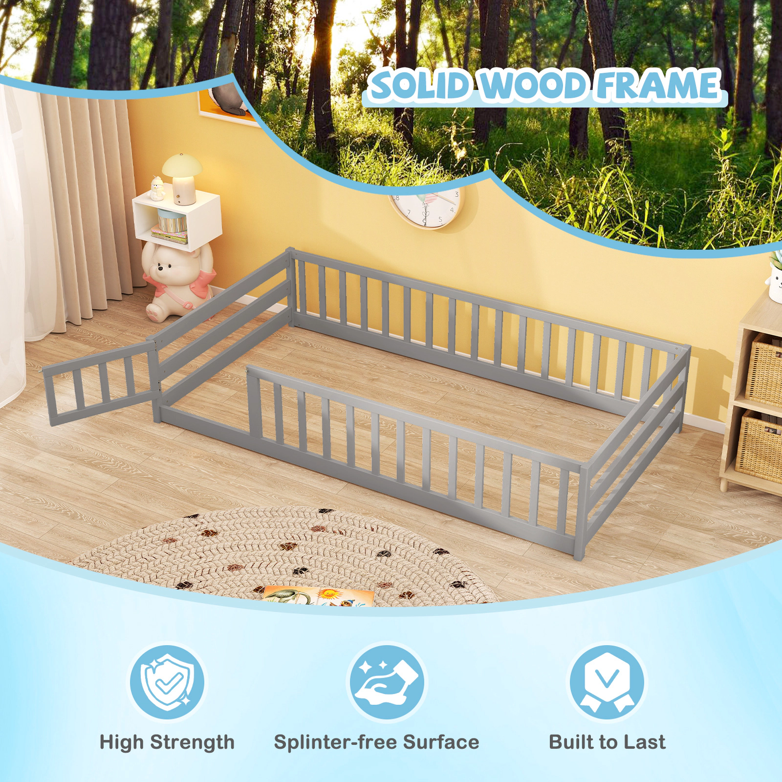 SUGIFT Lockable Door and Full-Length Fence Pine Wood Twin Kids Montessori Floor Bed