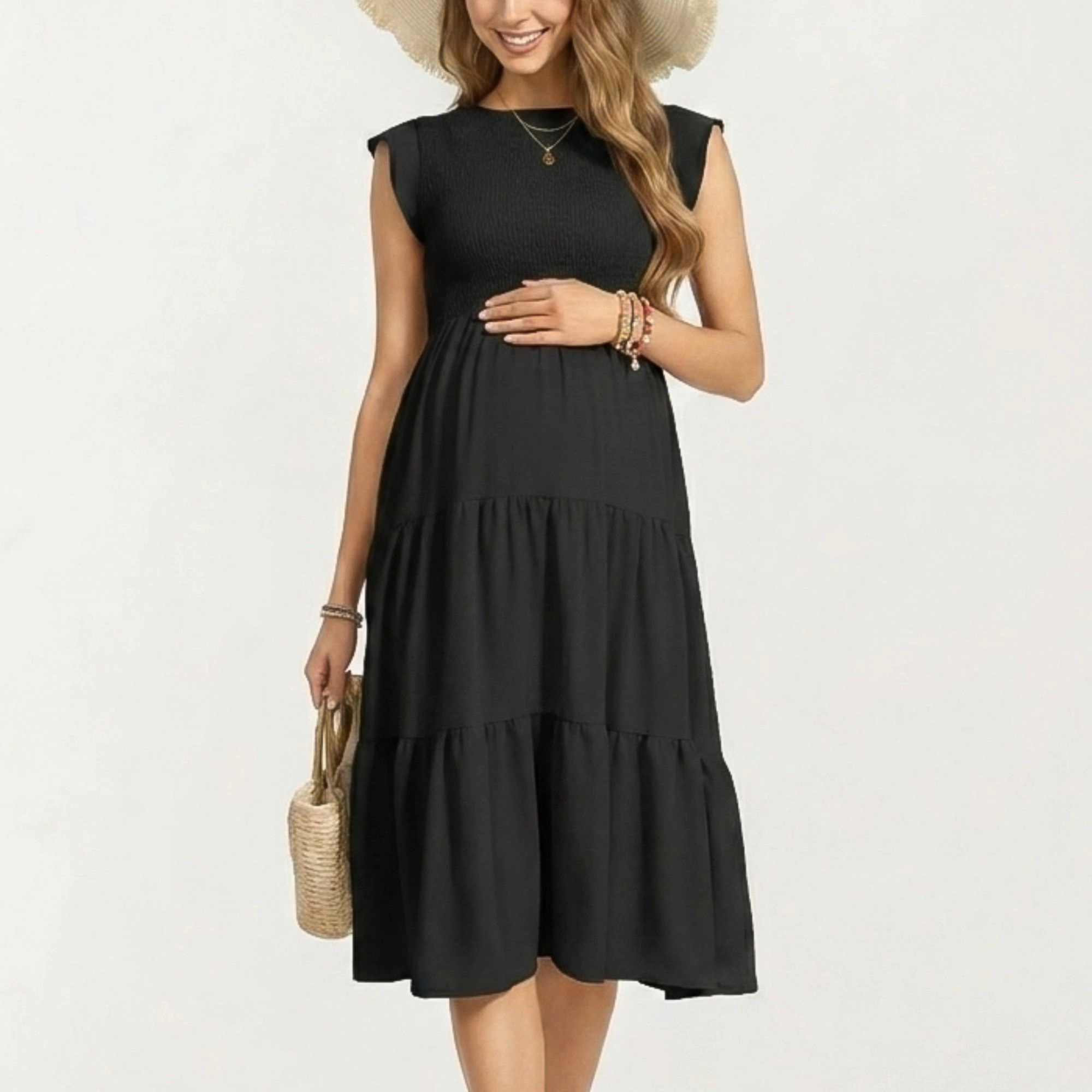 Anna-Kaci Women's Maternity Smocked Tiered Cap Sleeves Round Neck Midi Dress