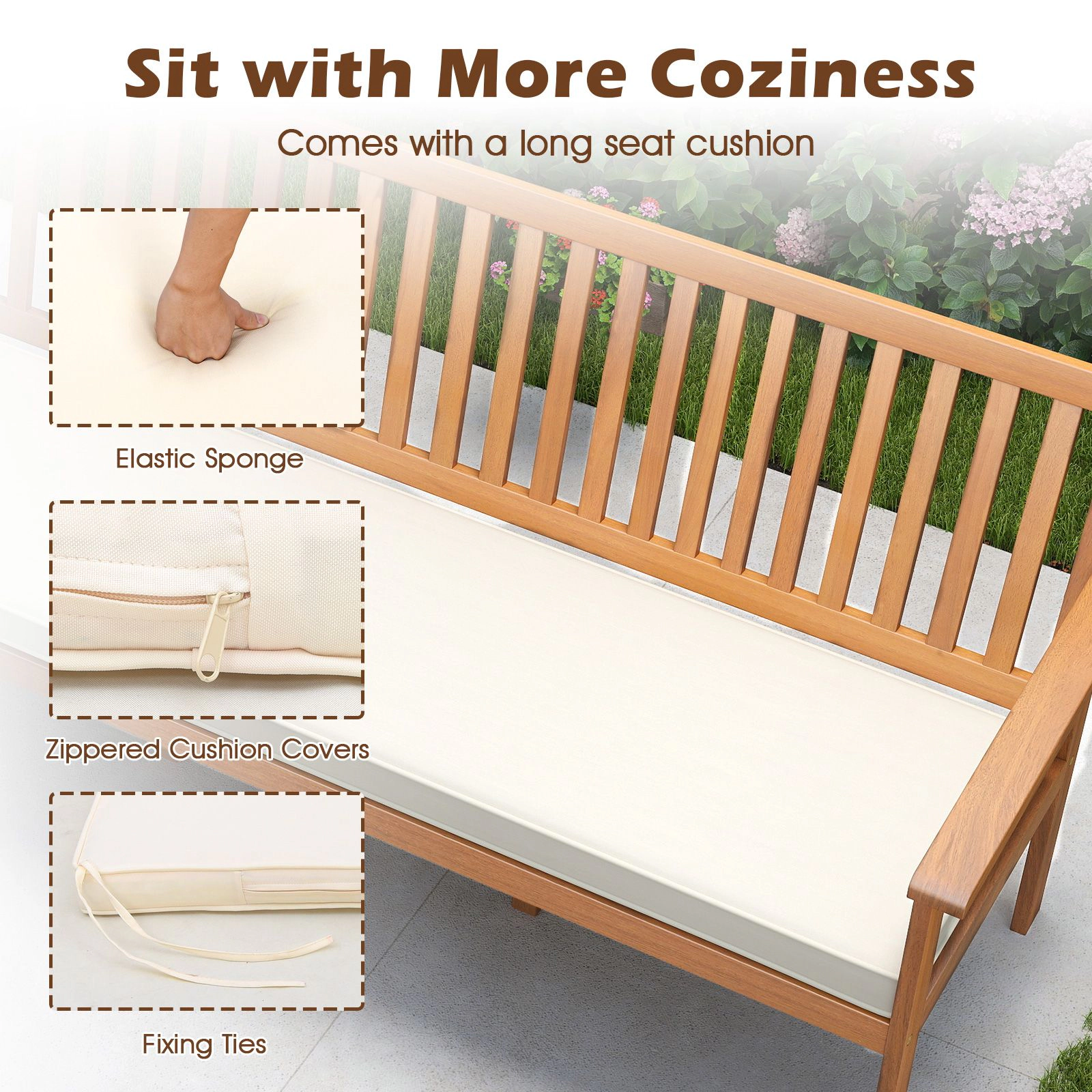 SlickBlue Patio Garden Bench with Removable Cushion for Porch, Backyard and Balcony