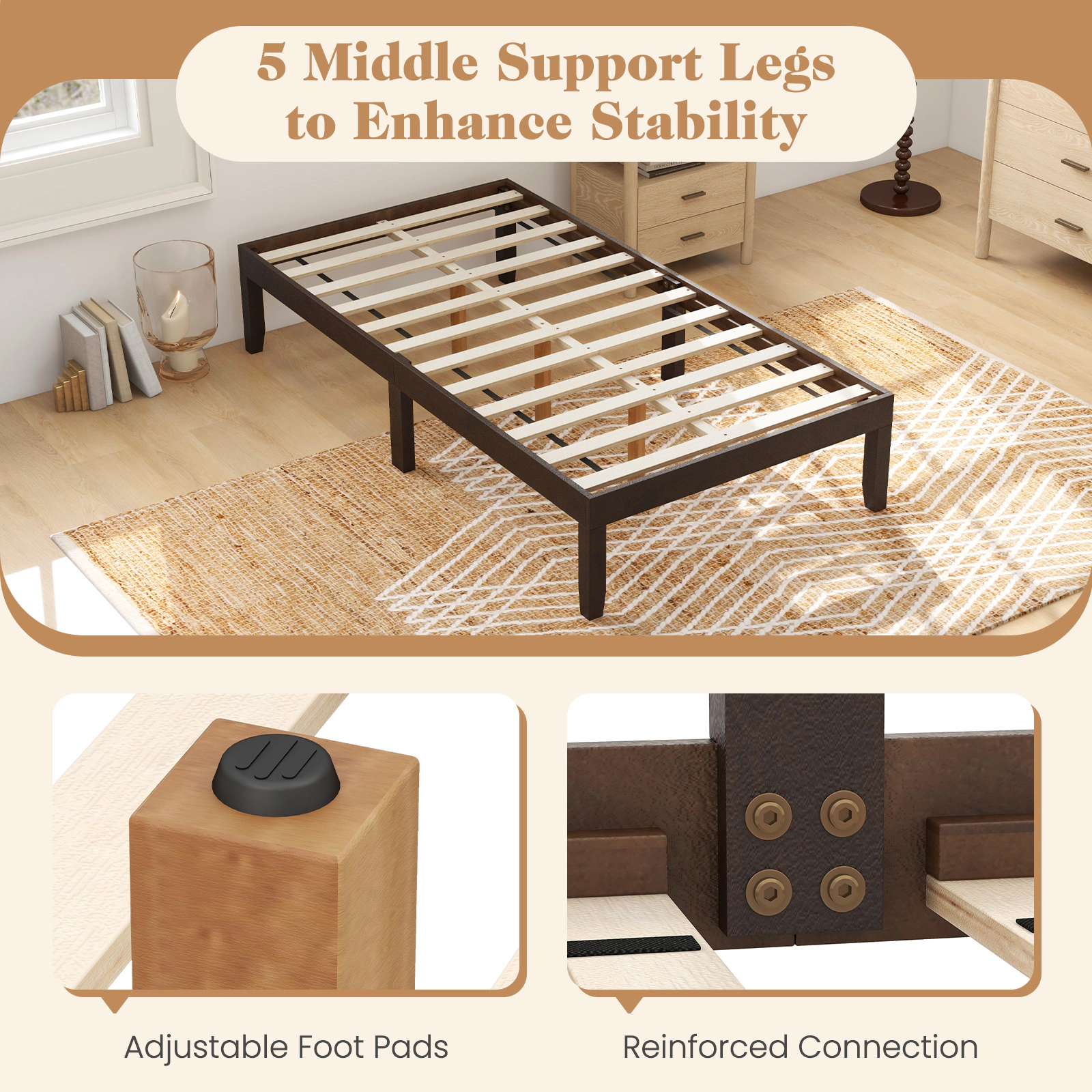 SUGIFT 14-in Twin Wood Platform Bed Frame Slats Support 400-lb Capacity 10.5-in Under-bed Storage Espresso/Natural