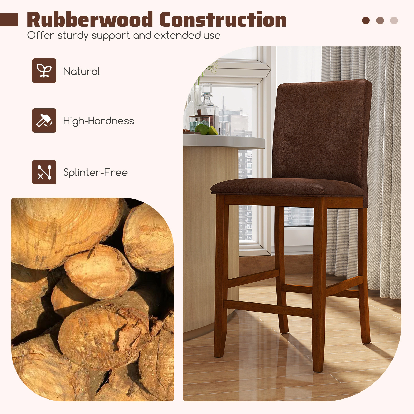 Glintex 2-Piece 26-Inch Counter Stool Set with Curved Back and Polyester Seat, Walnut + Brown