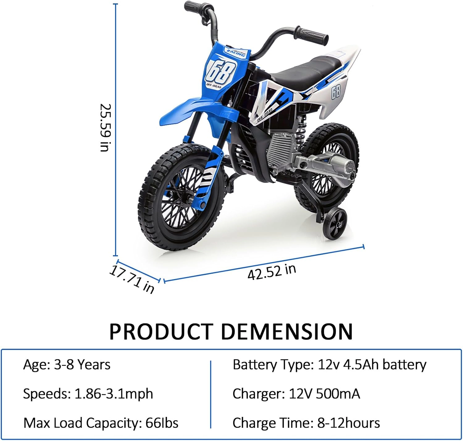 12V Kids Electric Motorcycle w/Training Wheels, Dirt Bike Ride On Toy w/Twist Throttle, Music, Suspension, 3 MPH Max