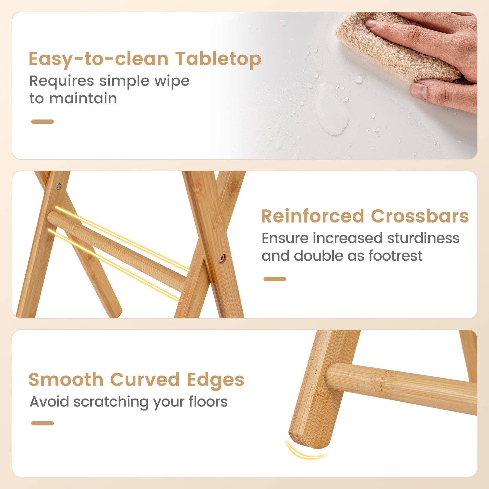 Glintex 2-Piece Folding Bamboo TV Tray Table Set with Crossbar Footrest, White