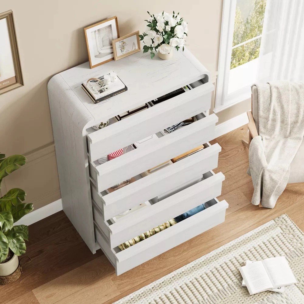 Arched 5 Drawer Wood Dresser with Curved Profile, Modern Storage Chest