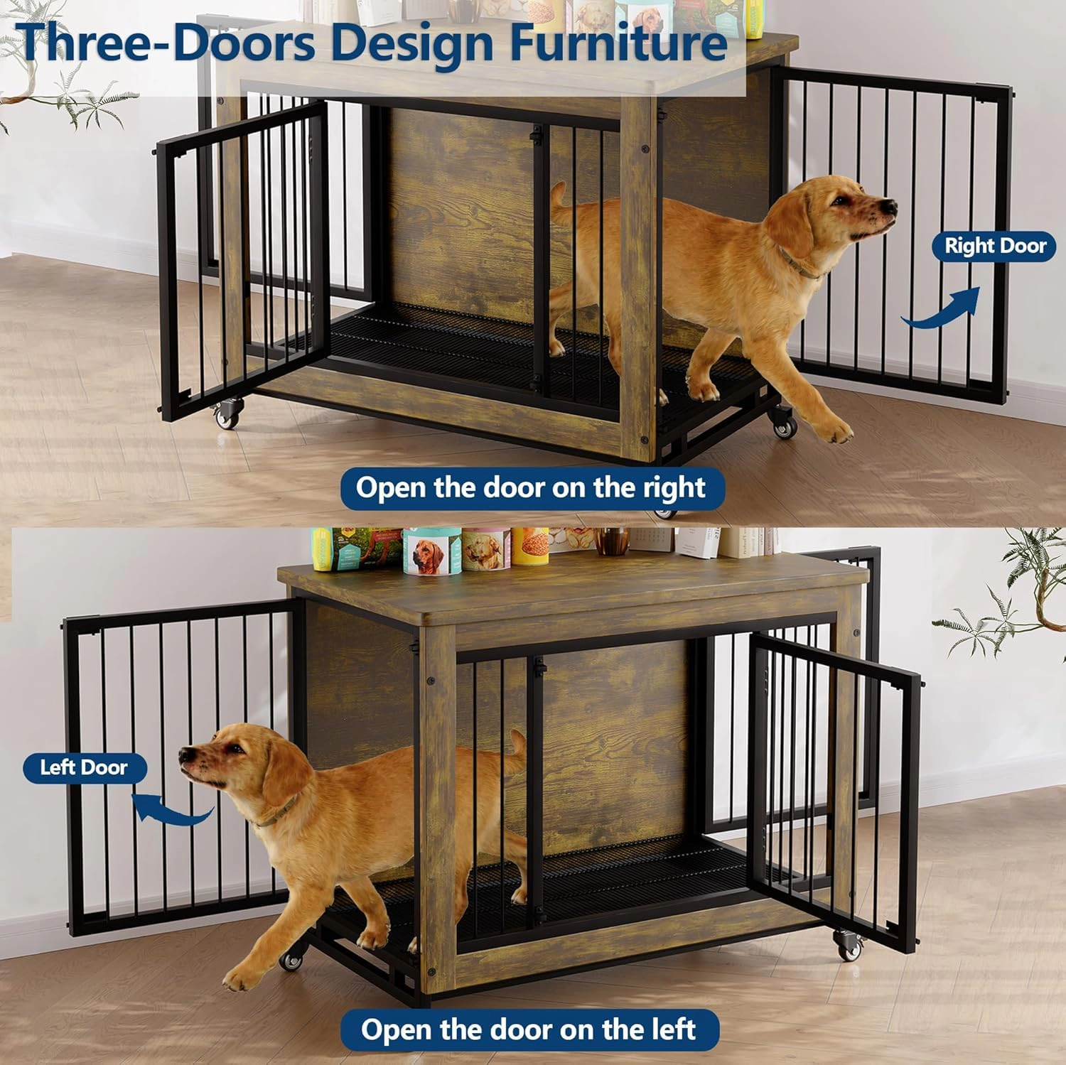 38.6" Rustic Wood Dog Crate Furniture with Pull-Out Tray, Wheels & 3 Doors, Heavy Duty Kennel Side Table