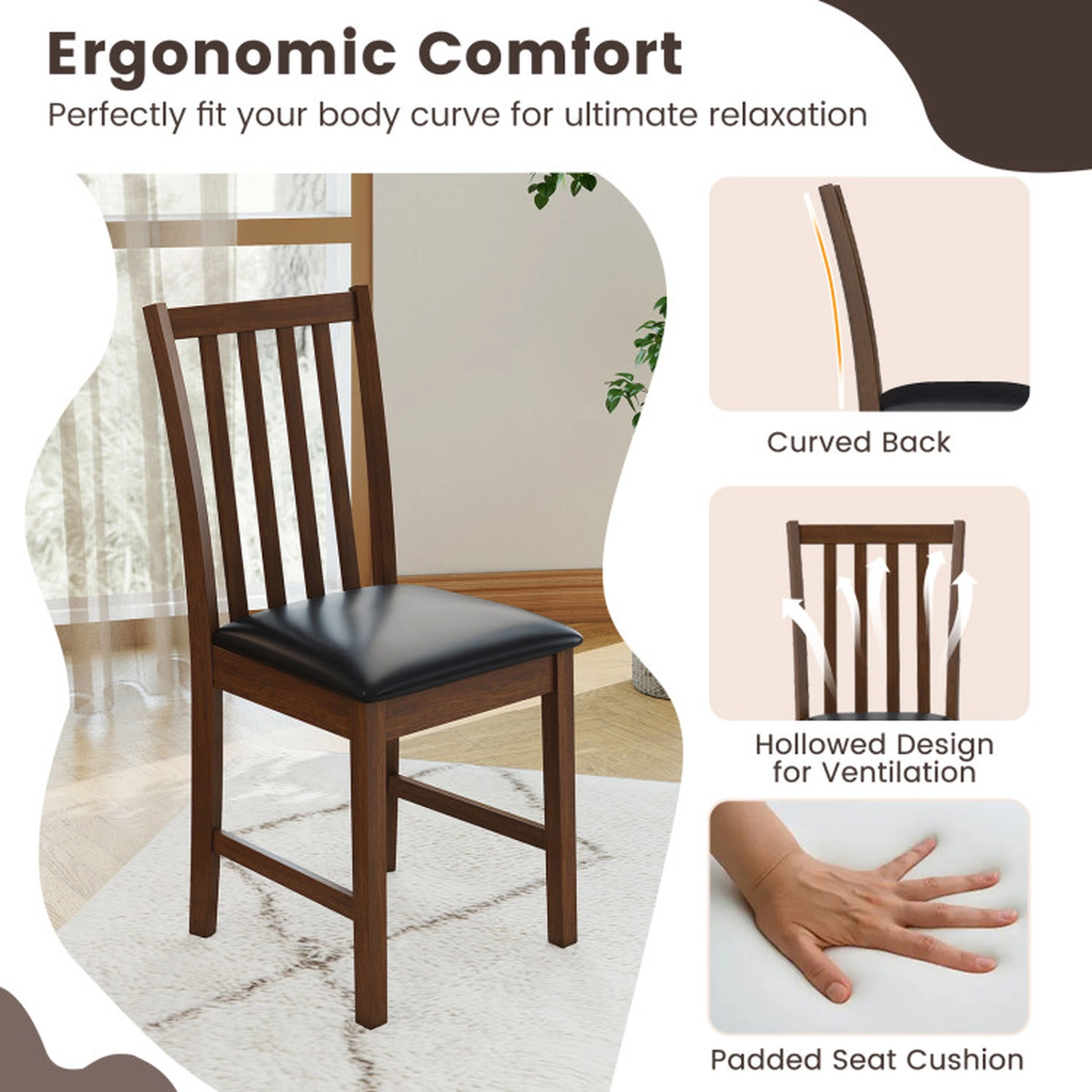 SUGIFT Rubber Wood Dining Chair Set of 2 with Padded PVC Leather Seat 330-lb Capacity Brown+Black