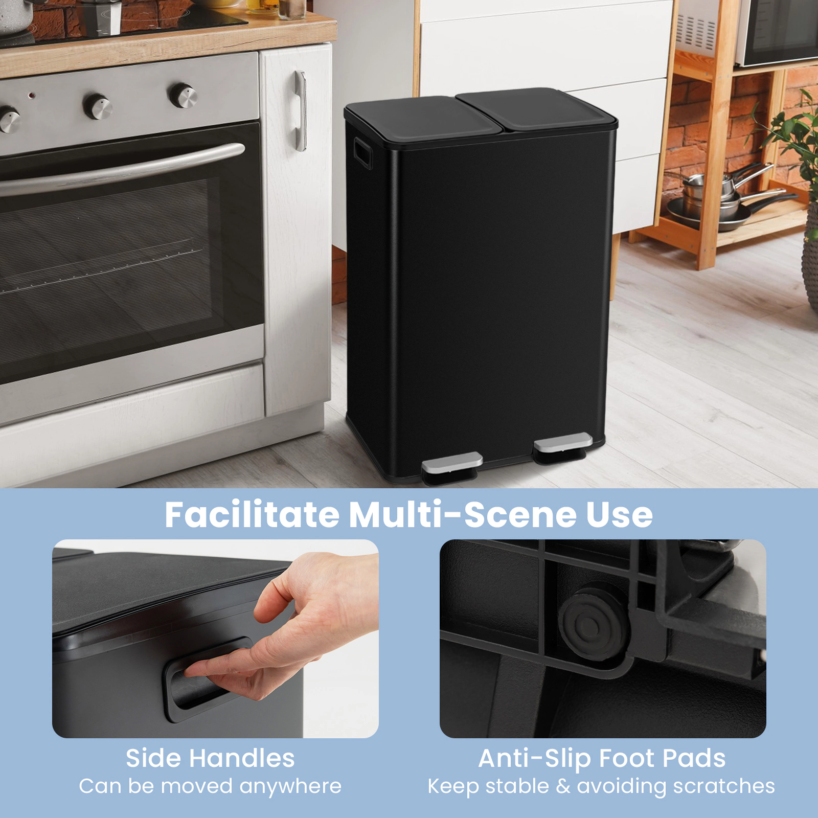 SUGIFT 2 x 8-Gal Black Dual Compartment Stainless Steel Step Trash Can with Deodorizer Compartments