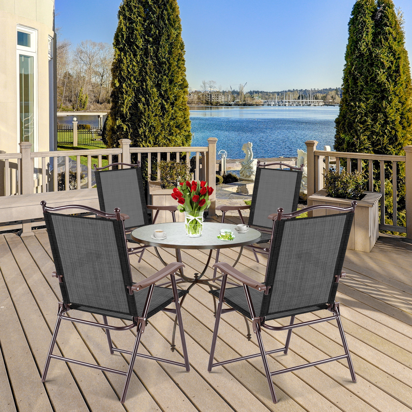LJG Set of 2 Patio Folding Sling Back Camping Deck Chairs