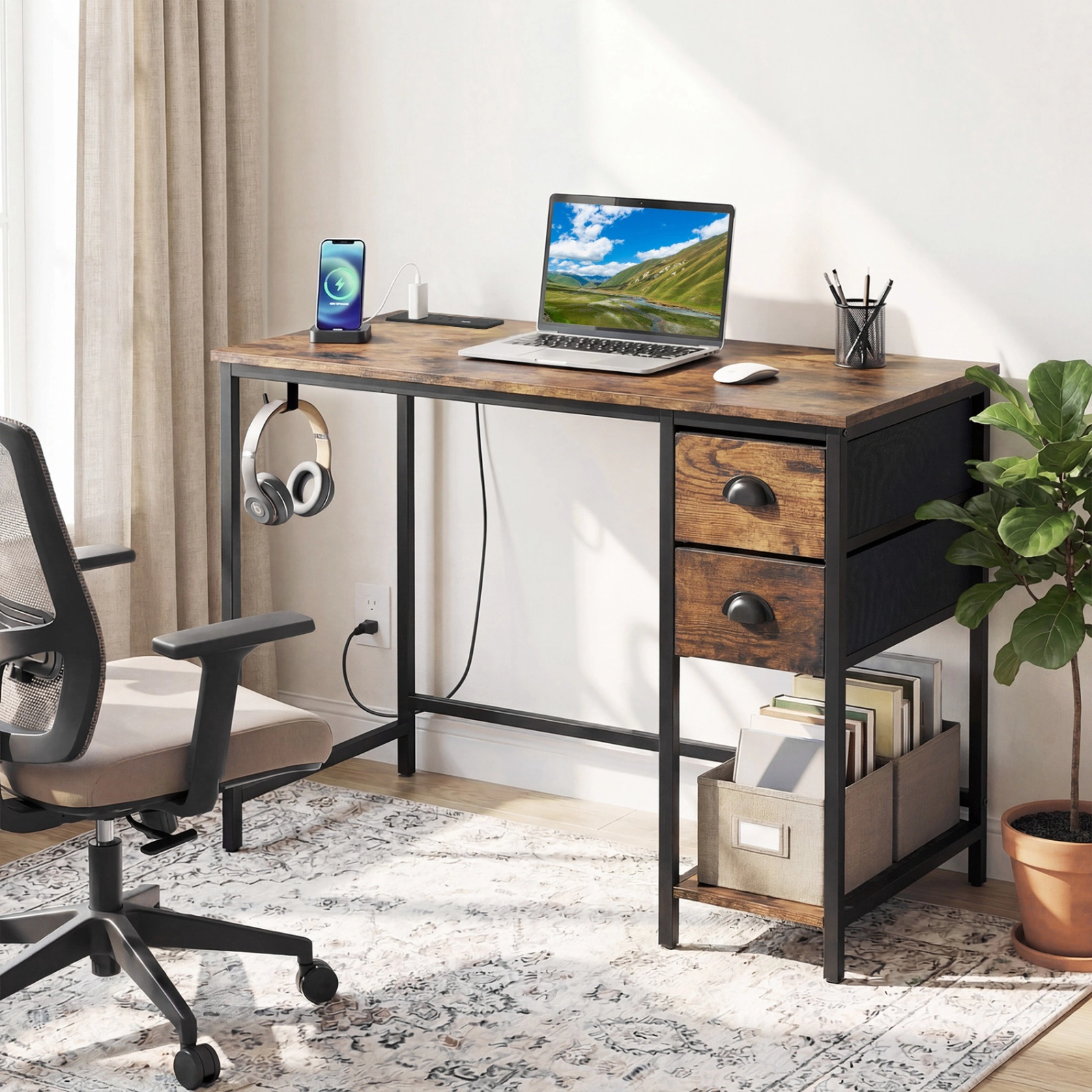 SUGIFT 38 in Computer Desk Rustic Brown with Charging Station and 2 Fabric Drawers