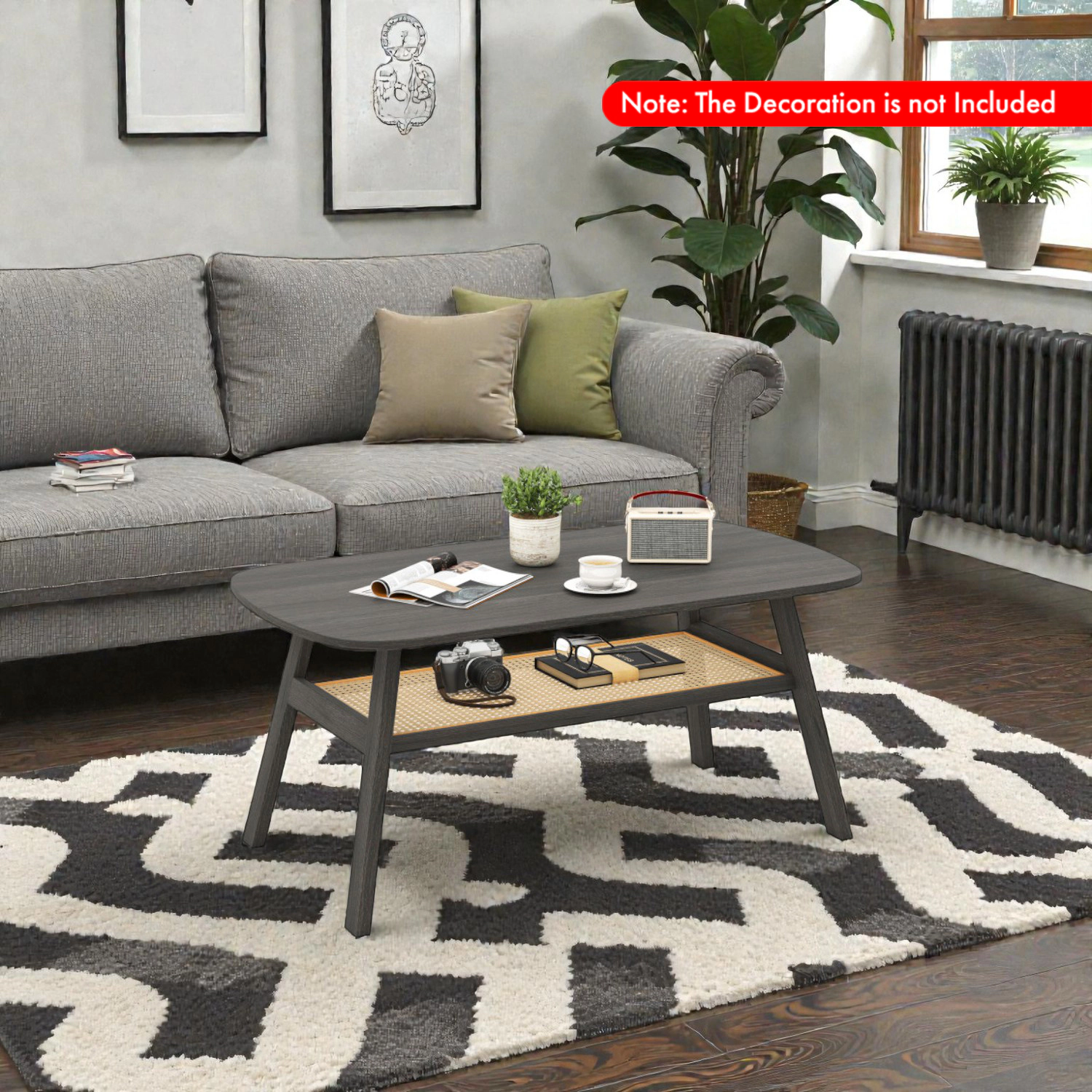 Hivvago Functional Two-Tier Coffee Table with Rattan Storage and Solid Rubberwood Base