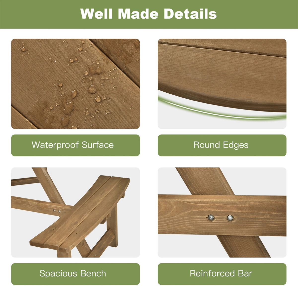 SUGIFT 6-Person Round Wooden Picnic Table with 3 Built-in Benches & Umbrella Hole 220-lb Tabletop Capacity 500-lb Bench