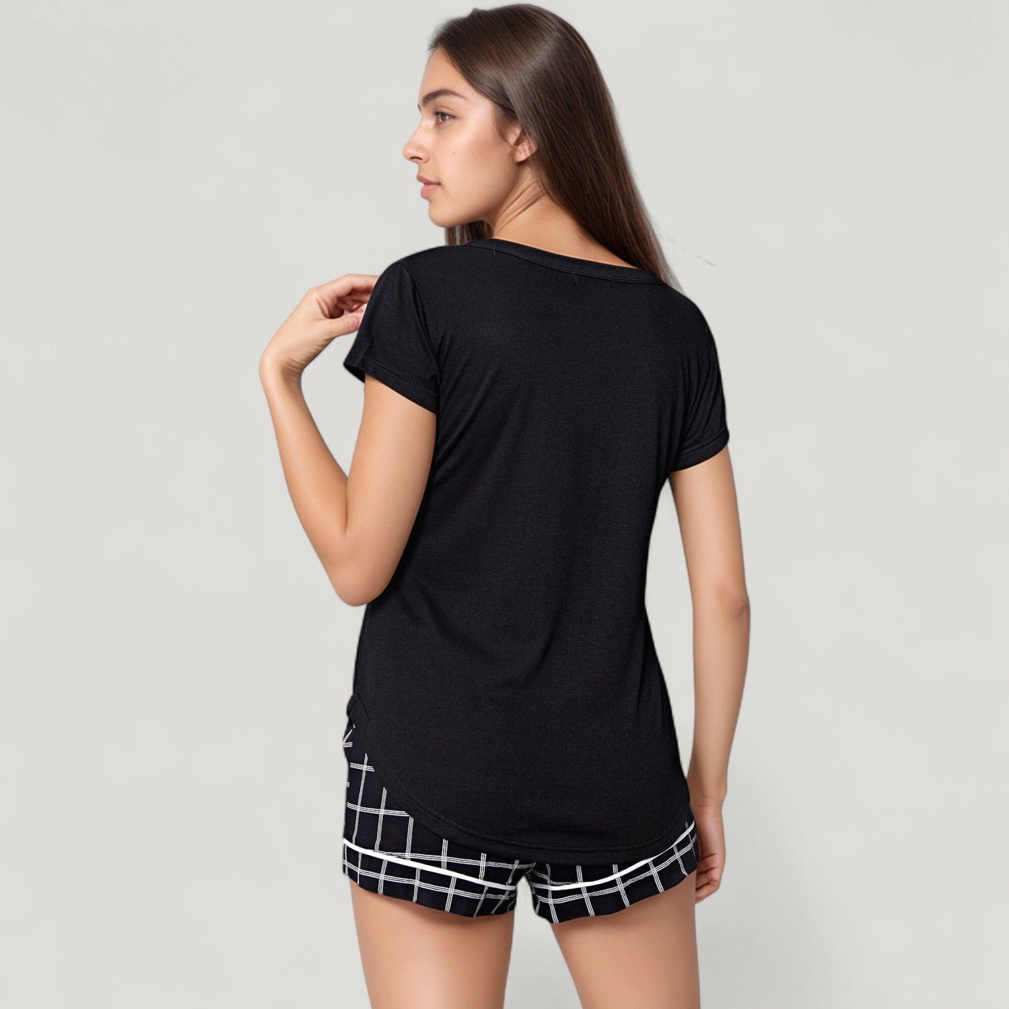 Anna-Kaci Women's Short Sleeve Button Front Sleep Shirt and Plaid Drawstring Lounge Shorts Pajama Set