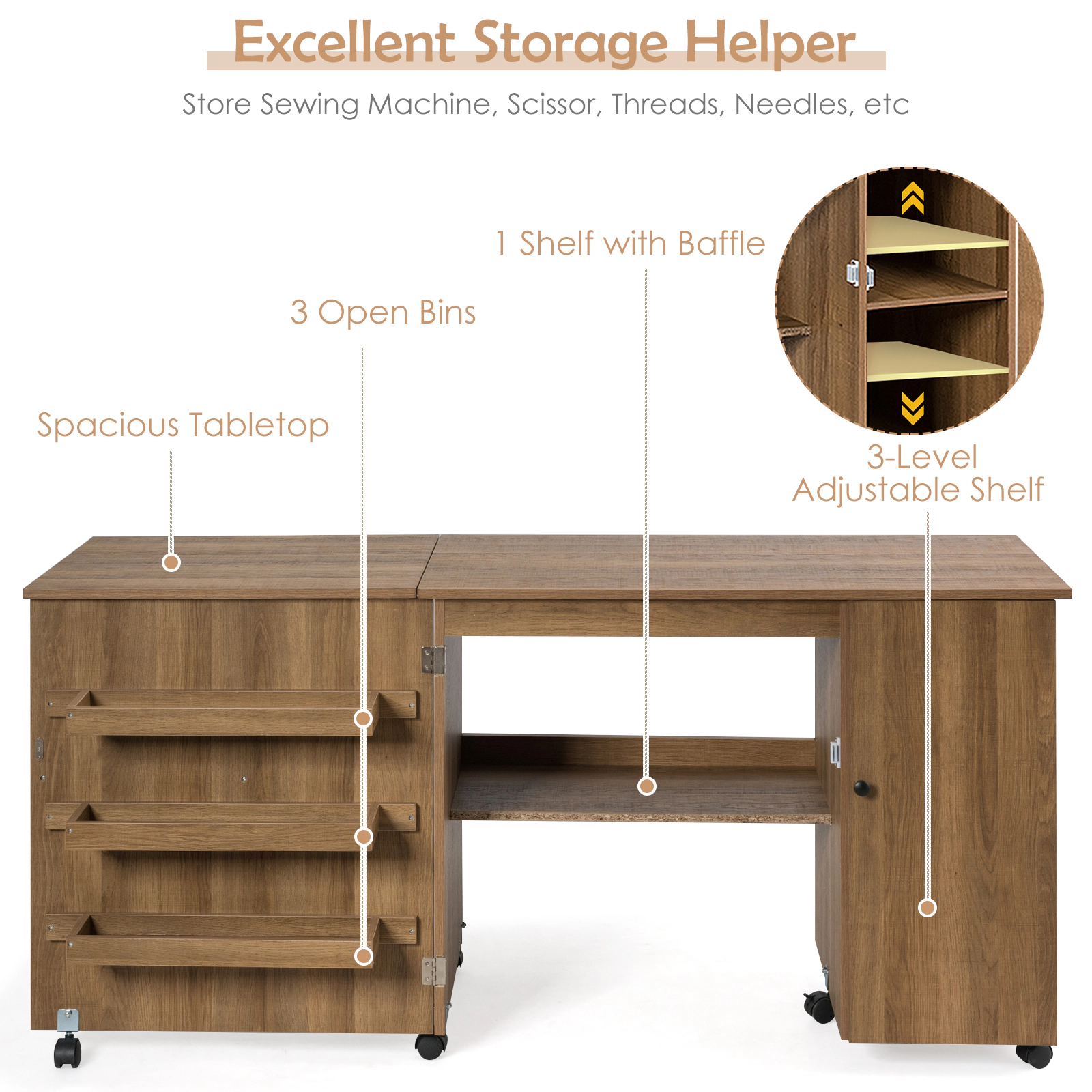 SUGIFT Folding Cabinet 3 Storage Bins Rolling Sewing Craft Table Desk 62.5-in x 20-in x 29-in Folds to 38.5-in Natural