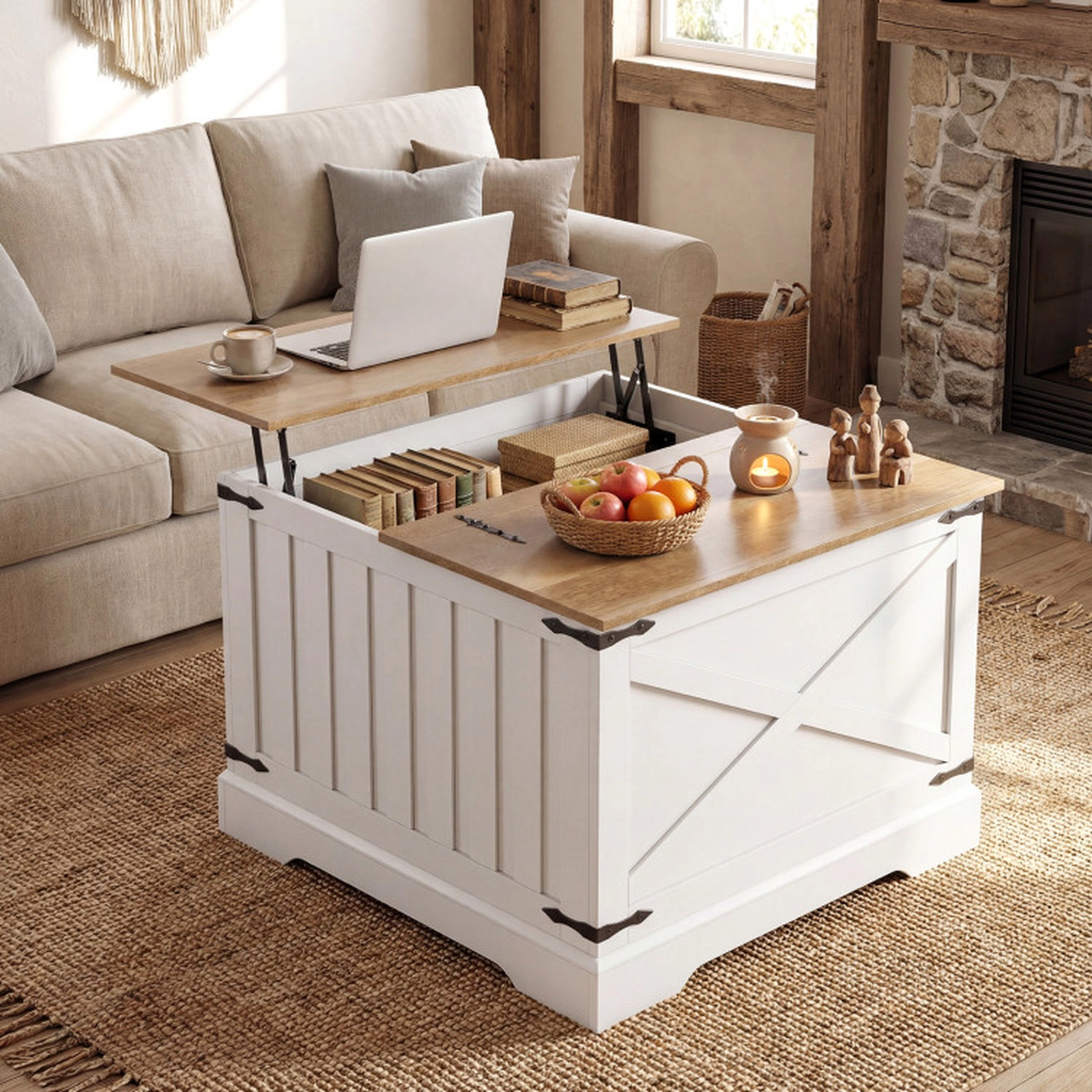 SUGIFT Farmhouse Lift Top Coffee Table with Hidden Storage Compartment 31.5-in Square Brown