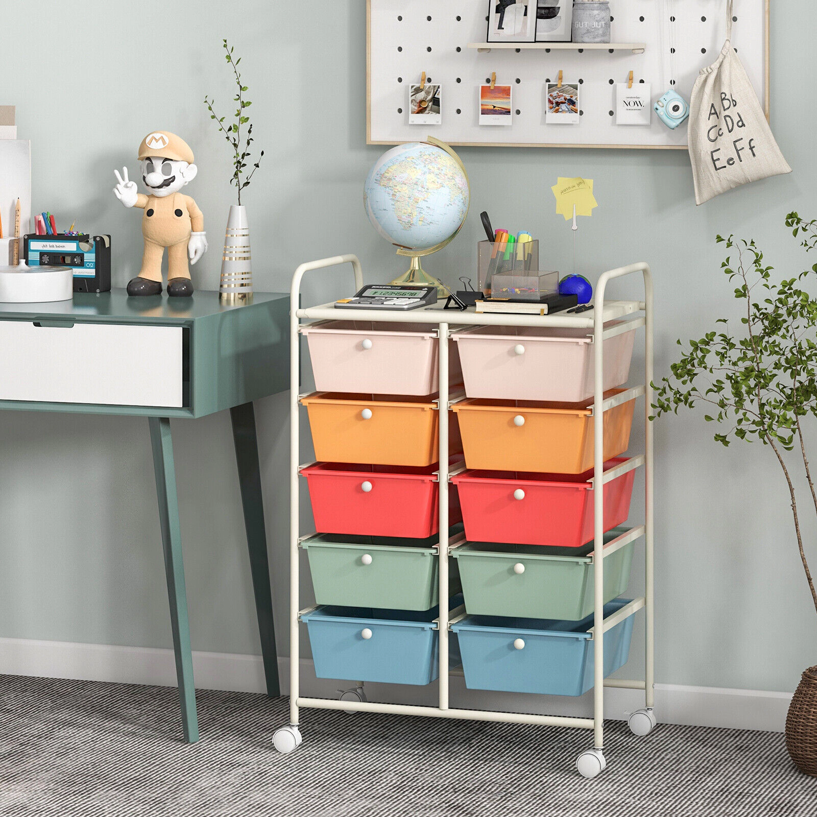 SUGIFT 26-in 10-Drawer Rolling Storage Cart Craft Organizer with 5-in Deep Drawers and Mesh Top Shelf