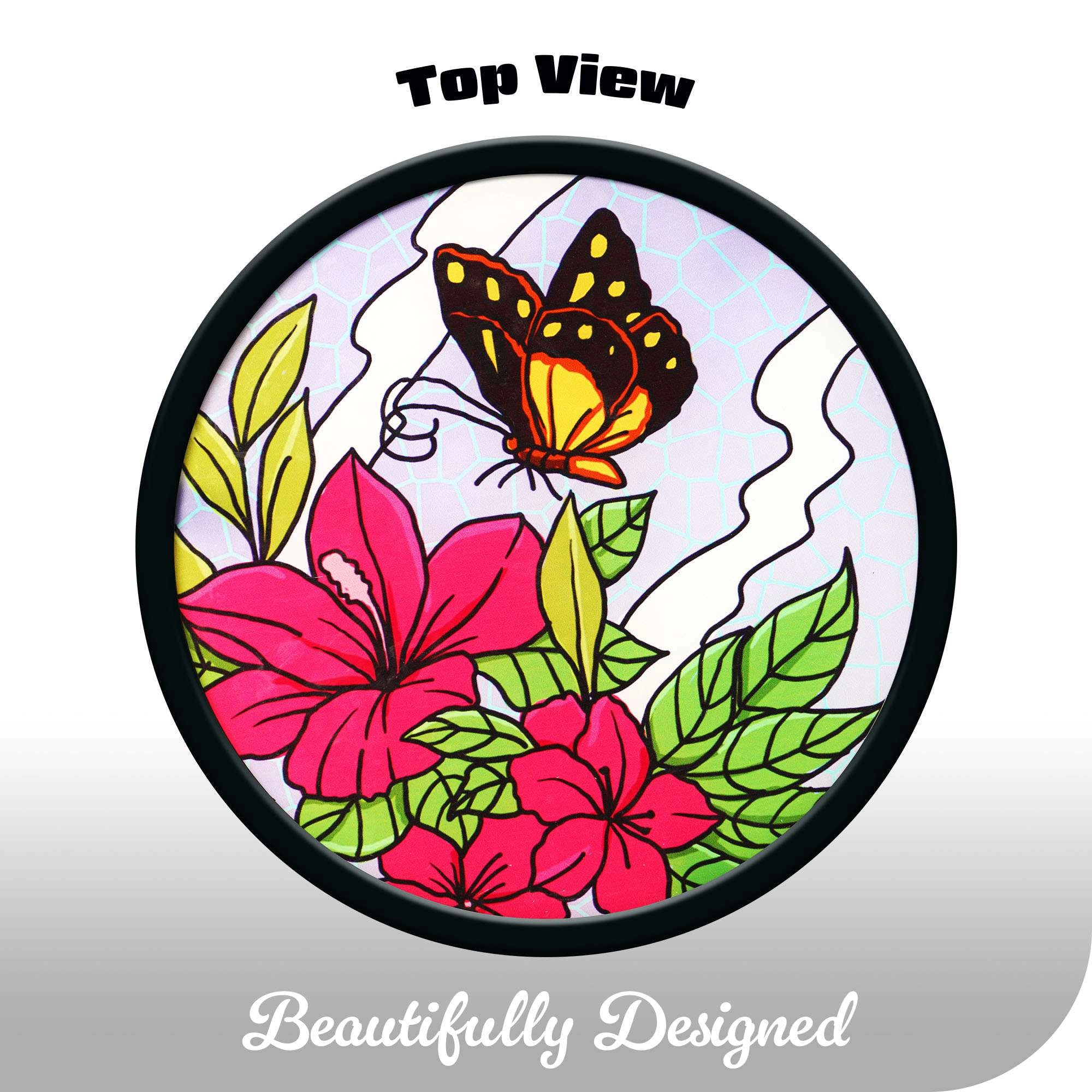 G128 14 in Round Glass Outdoor Side Table Butterfly Floral Pattern, Foldable Metal Patio End Table