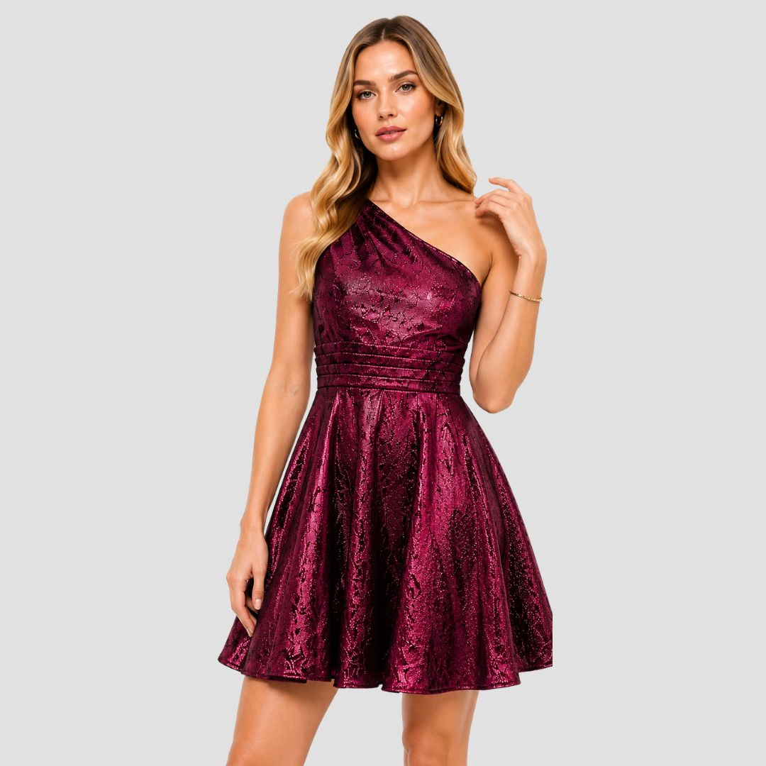 Artyska Women's One Shoulder Fit & Flare Mettalic Jacquard Cocktail Dress