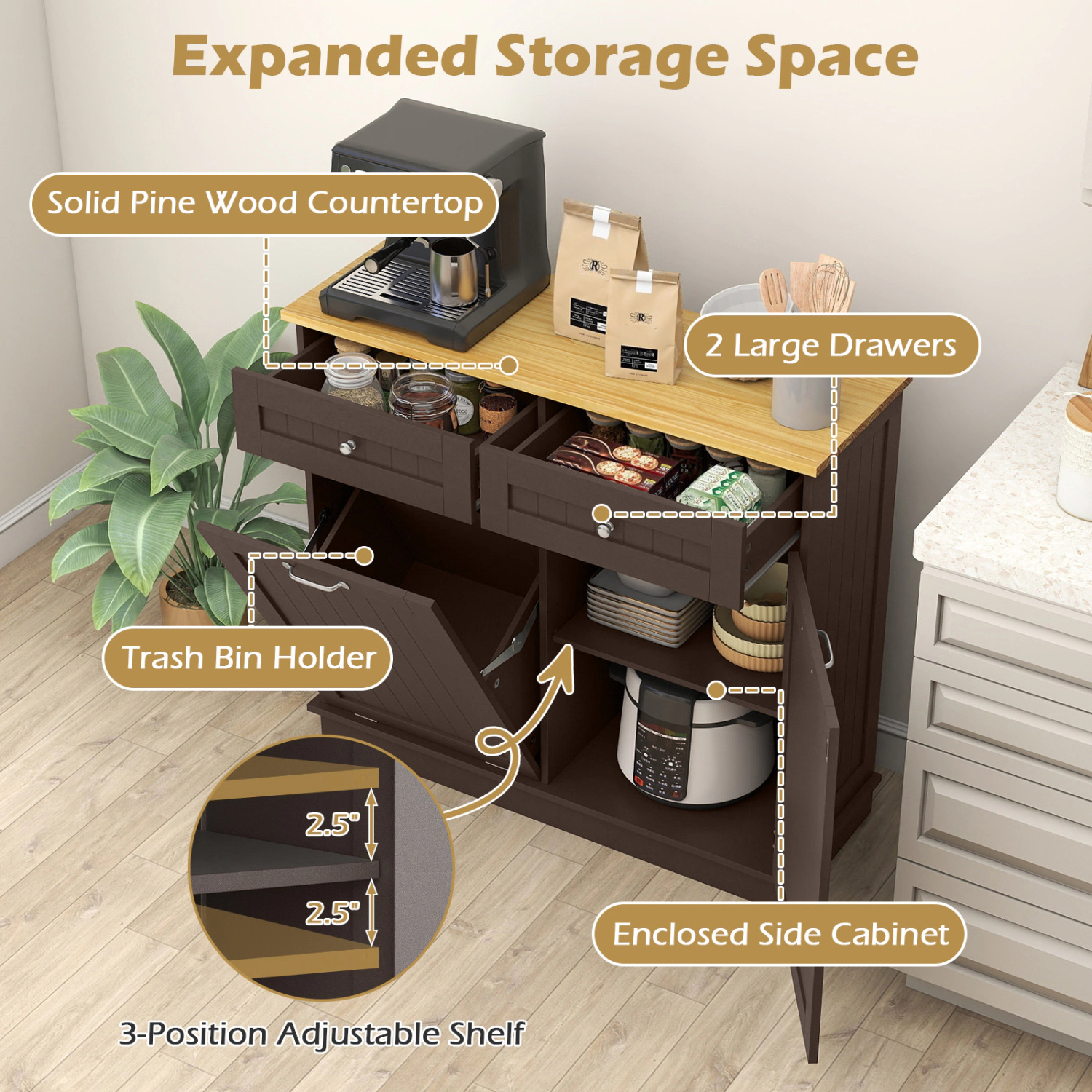 Glintex 39.5-Inch Tilt-Out Trash Cabinet with Pine Wood Countertop, Brown