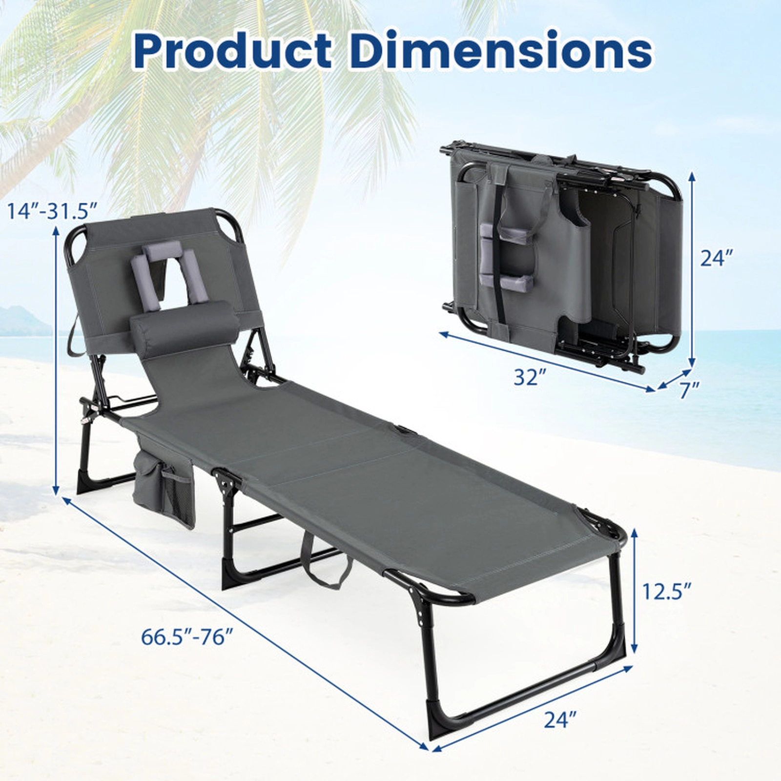 SUGIFT Set of 2 Portable Tanning Chaise Lounge Chairs with 4-Position Adjustable Backrest 330-Lb Capacity 76-in Gray