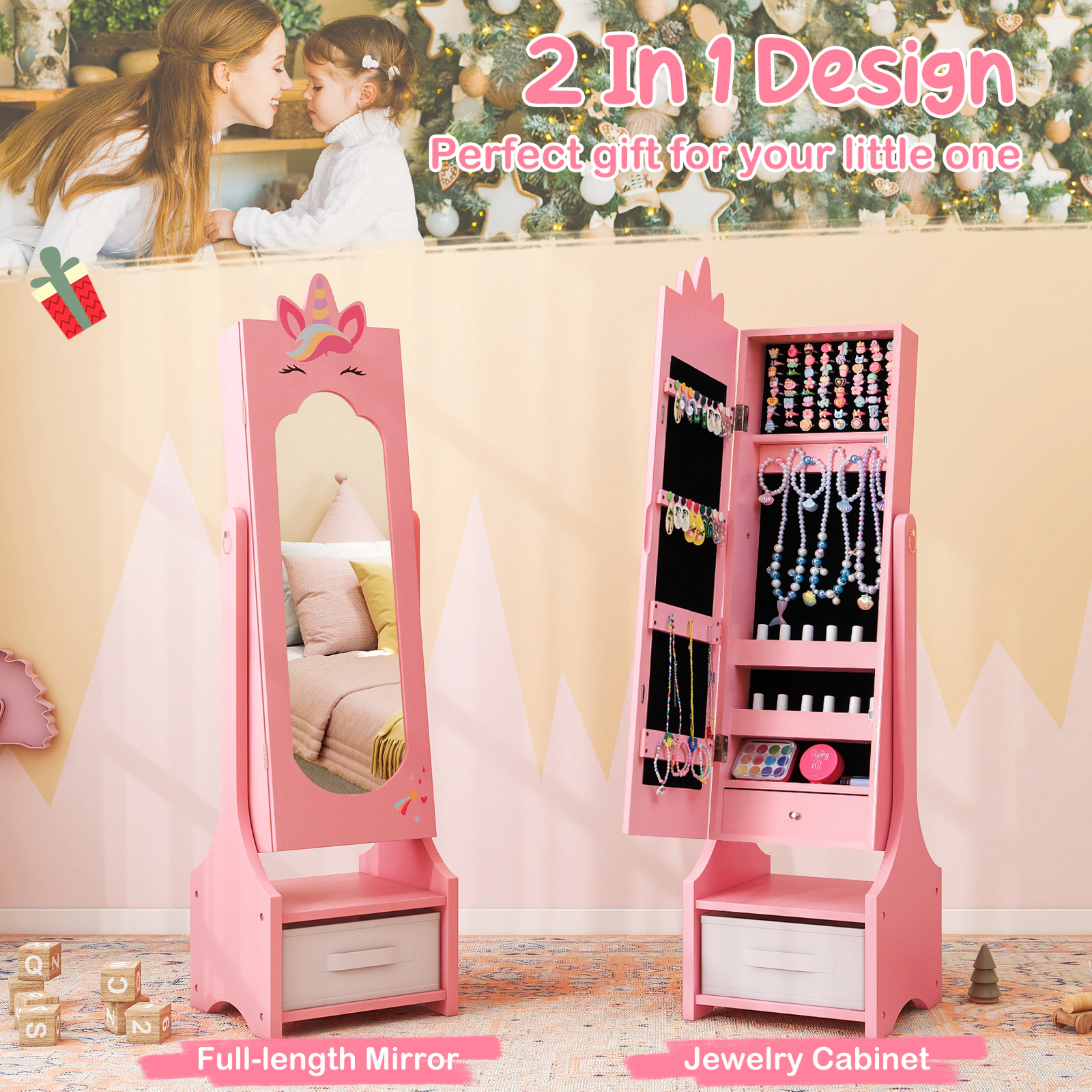 Hivvago Kids Jewelry Cabinet with Full-Length Mirror for Kids Bedroom and Playroom