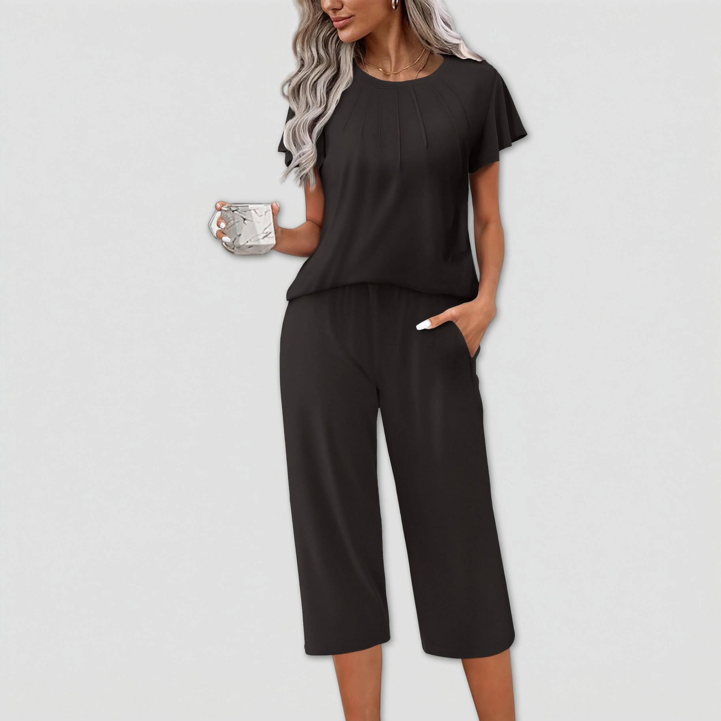 Ekouaer Capri Pajamas Set Women Ruffle Sleeve Top and Pants Soft Sleepwear Loungewear