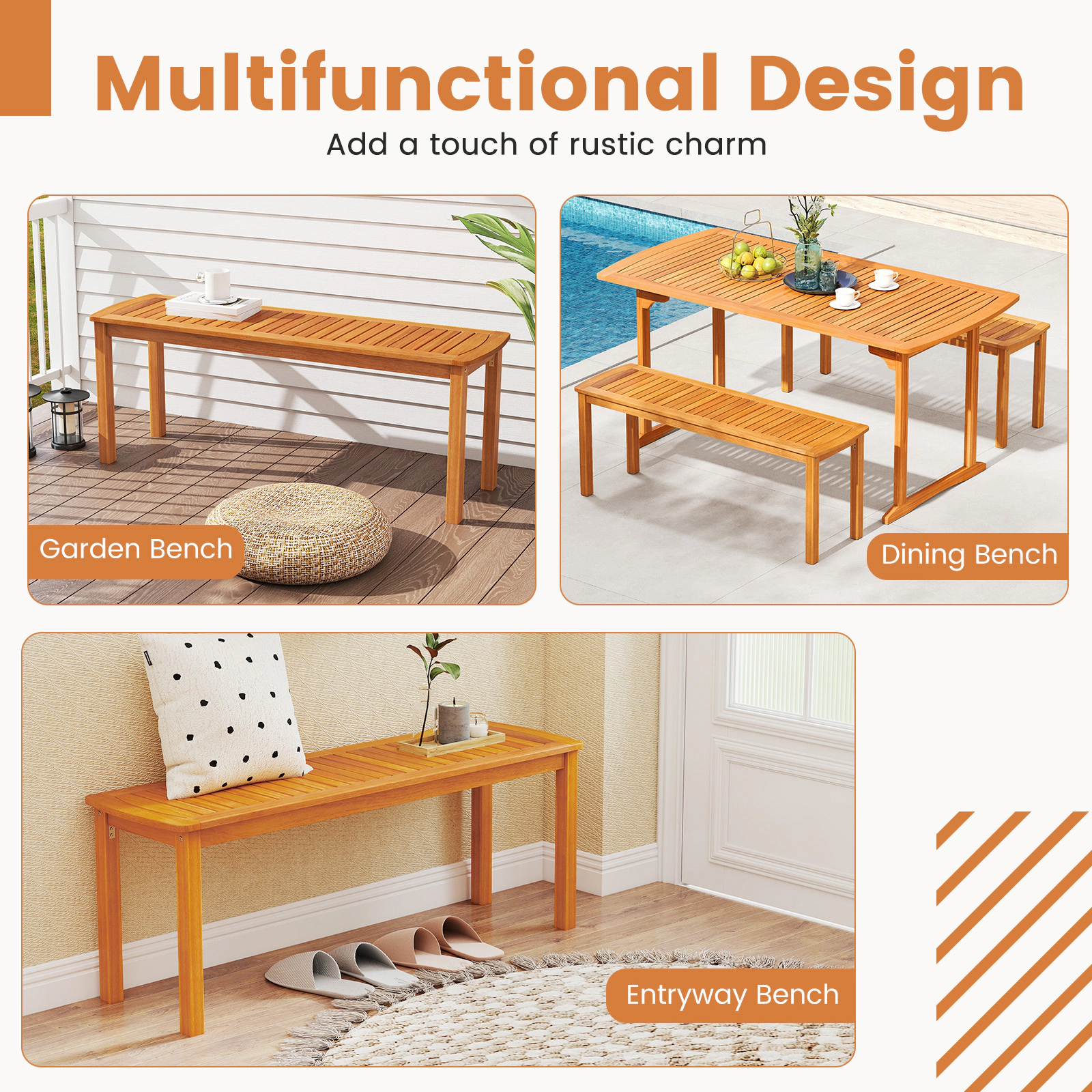 SUGIFT 48-in Acacia Wood Outdoor Bench Slatted Seat 800-lb Capacity 2-Person Garden & Entryway Seating Natural 1-Piece
