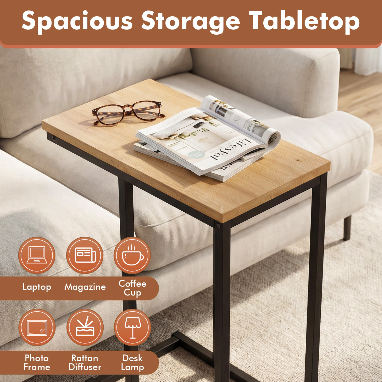 Glintex Small C-Shaped Side Table with Thickened Board and Rectangular Metal Base