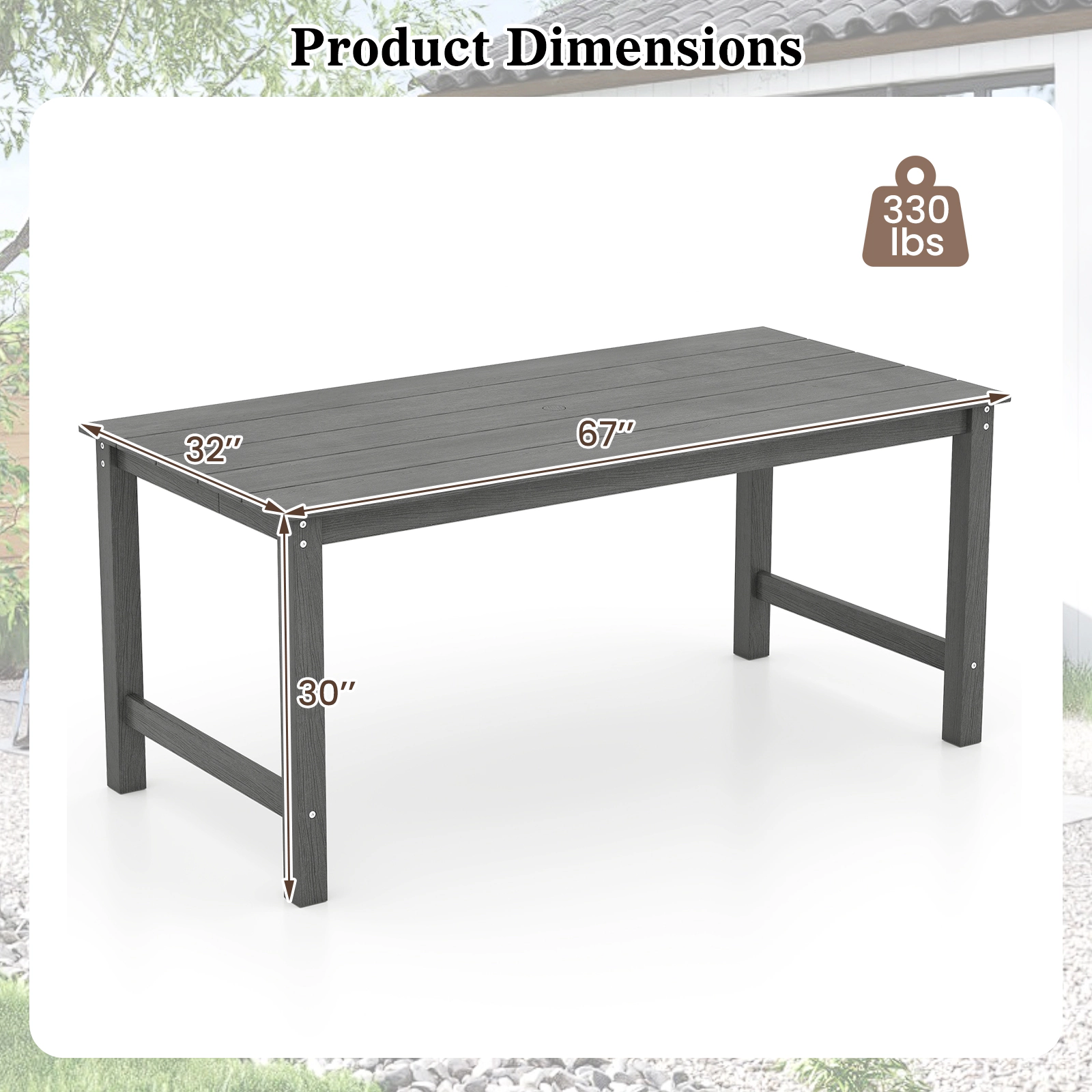SUGIFT 67-in Gray HDPE Outdoor Dining Table for 6 with Wood Grain Top and Umbrella Hole