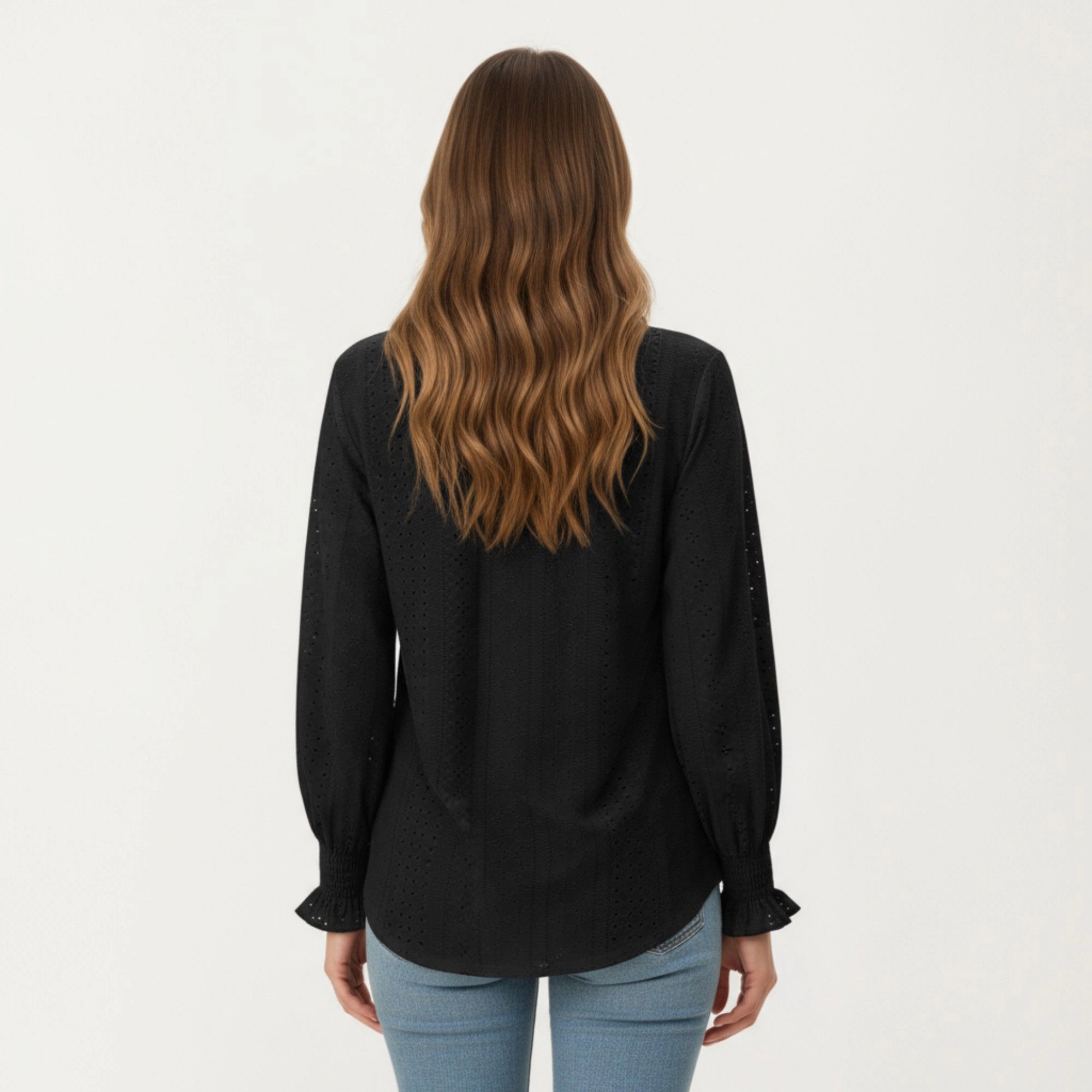 Anna-Kaci Women's Eyelet Embroidered V-Neck Ruffle Cuff Long Sleeve Top