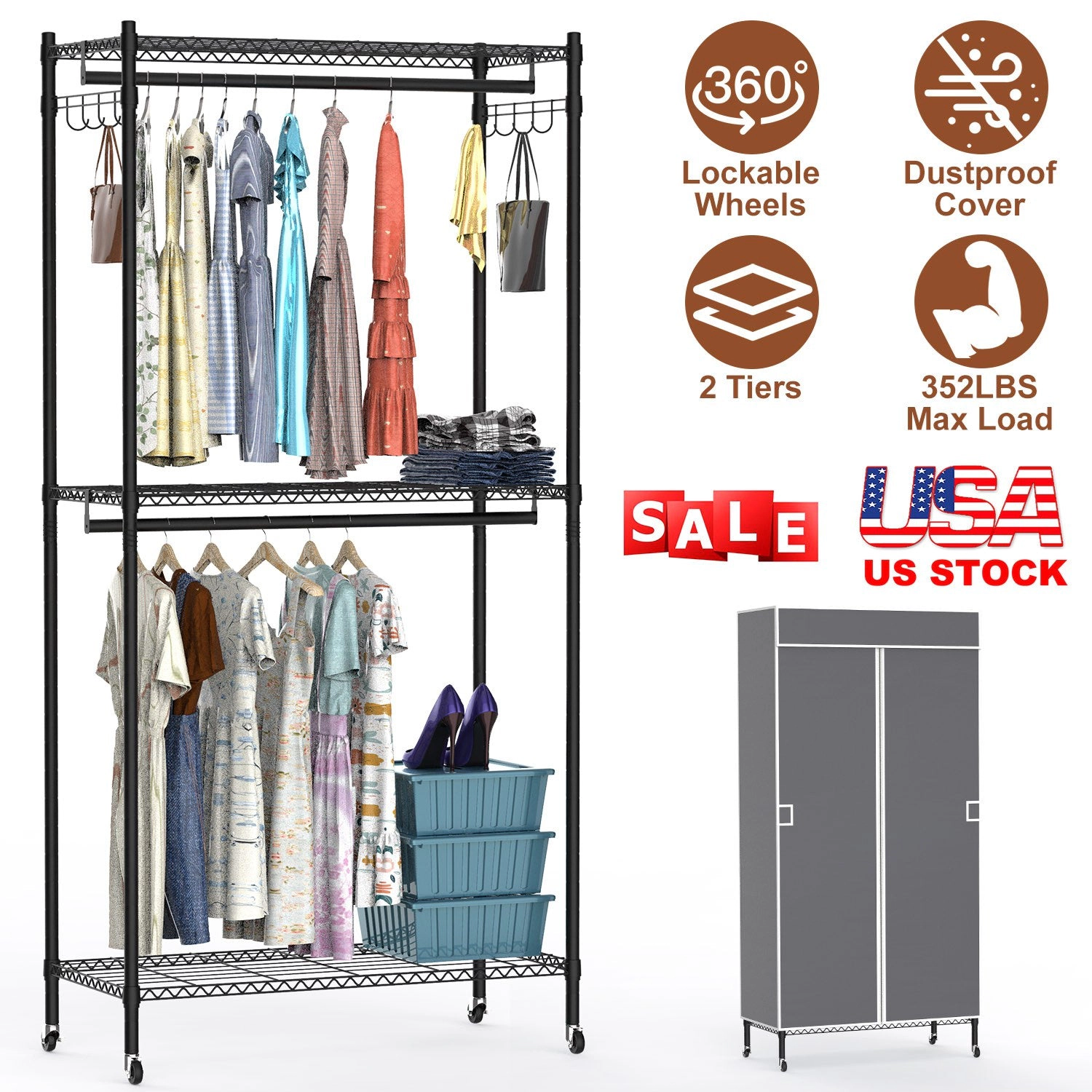 GBruno 2-Tier Portable Clothing Rack With Cover