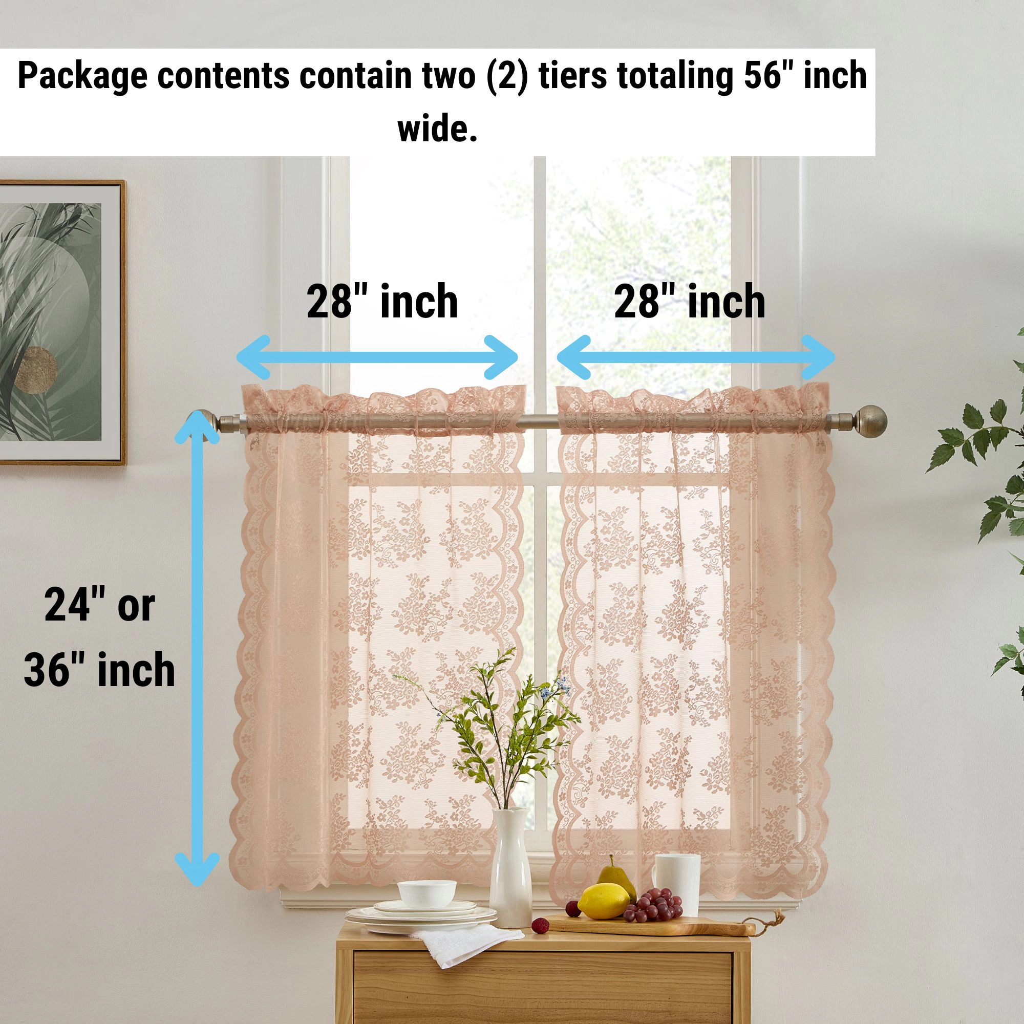 HLC.ME Jolene Floral Rod Pocket Lace Semi Sheer Voile Short Cafe Tiers for Small Windows - Set of 2
